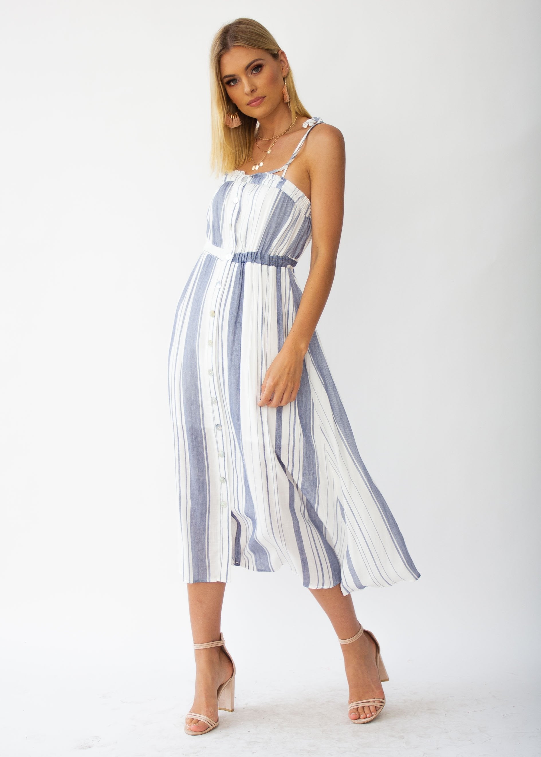 Addilyn Midi Dress - White/Blue Stripe