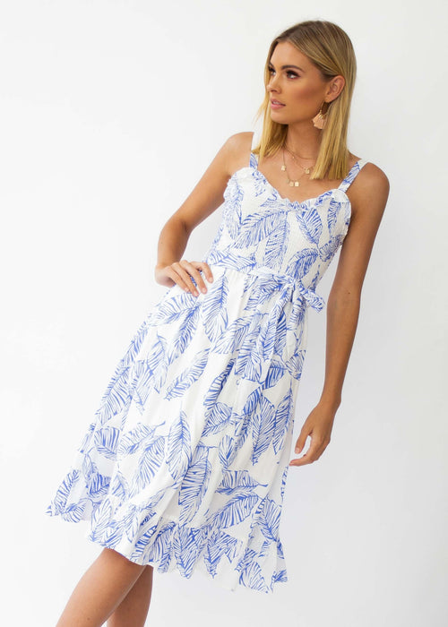 Great Escape Midi Dress w/ Tie - Blue Leaf