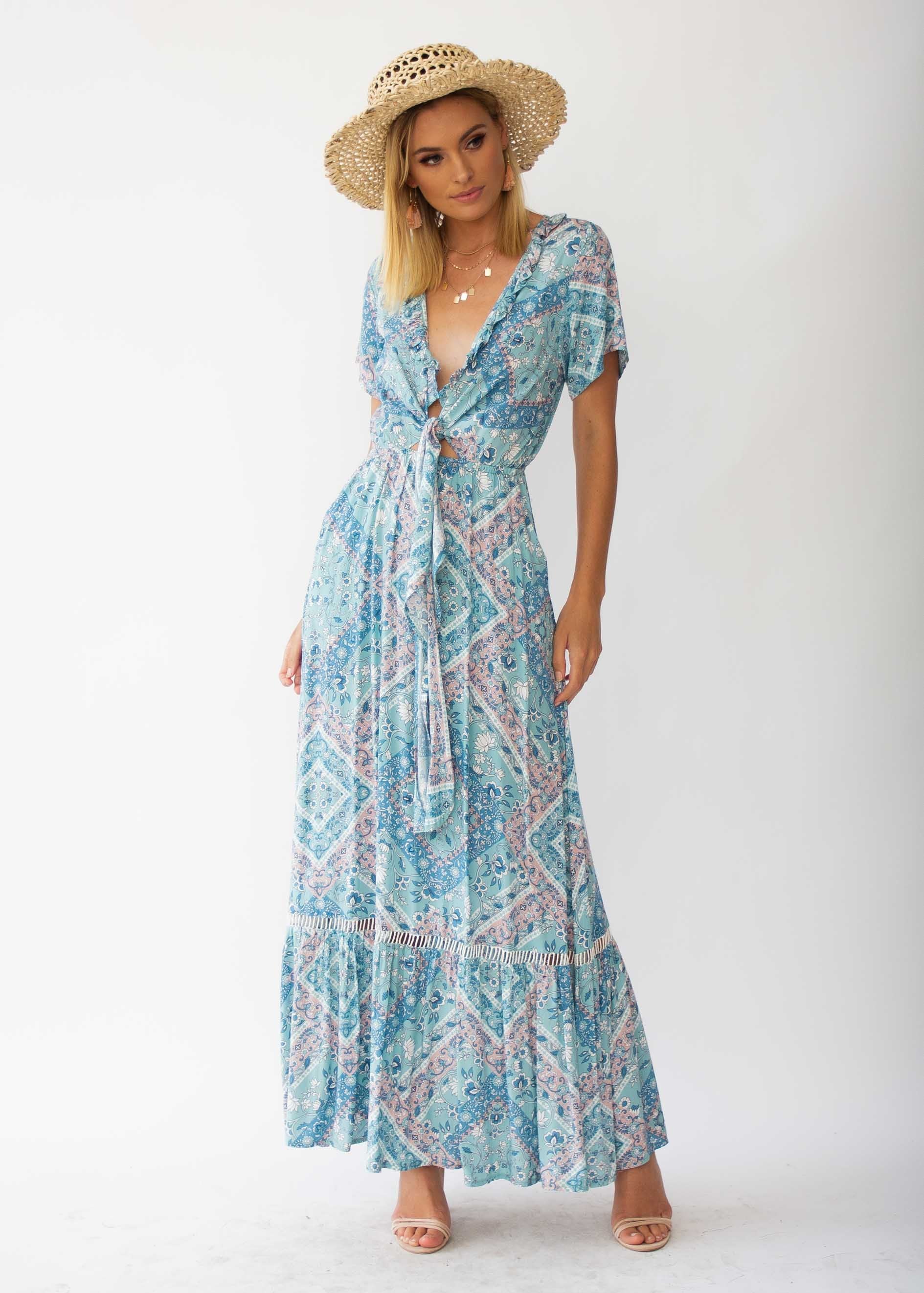 Mabel Tie Maxi Dress - Mint Paisley