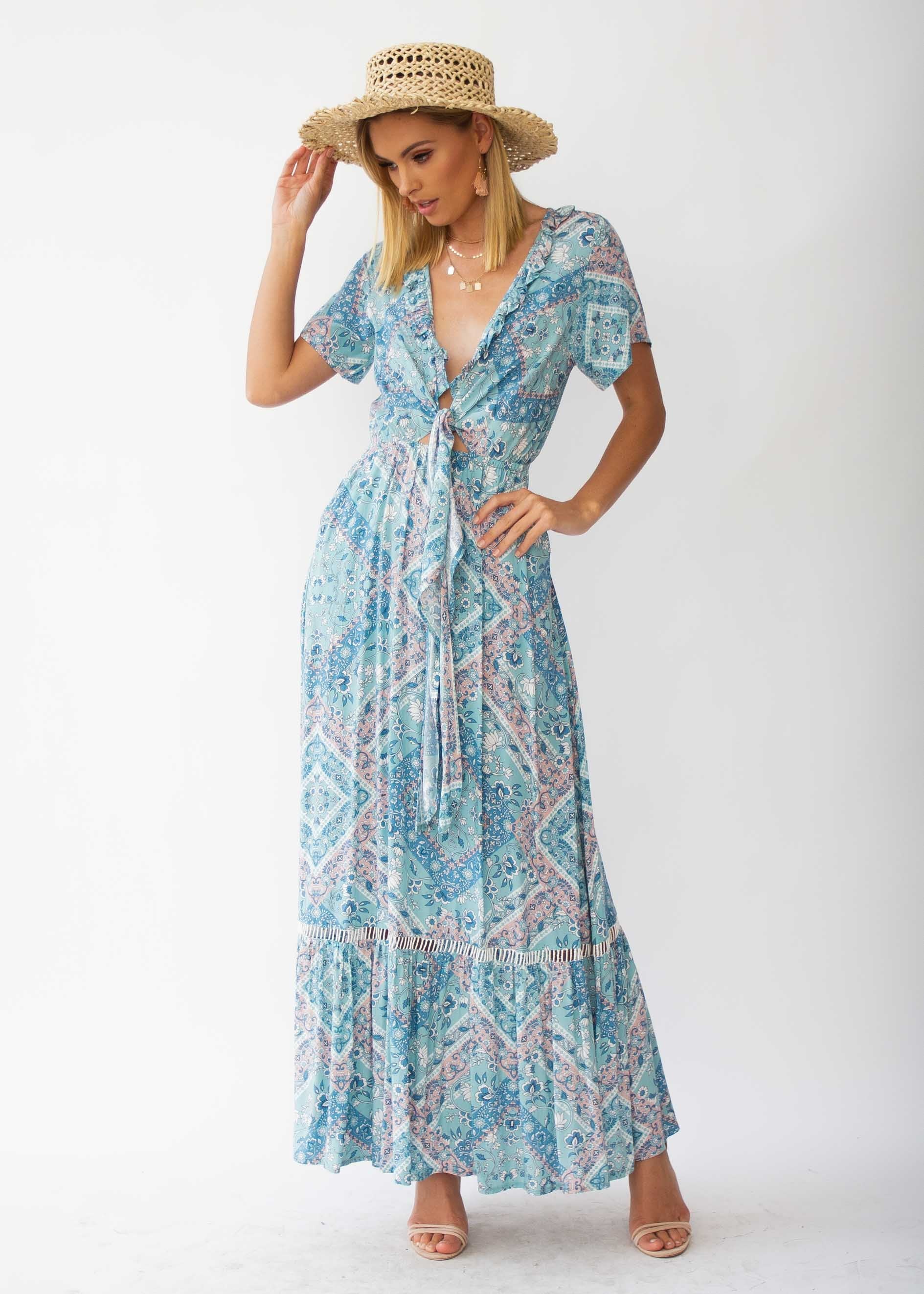 Mabel Tie Maxi Dress - Mint Paisley
