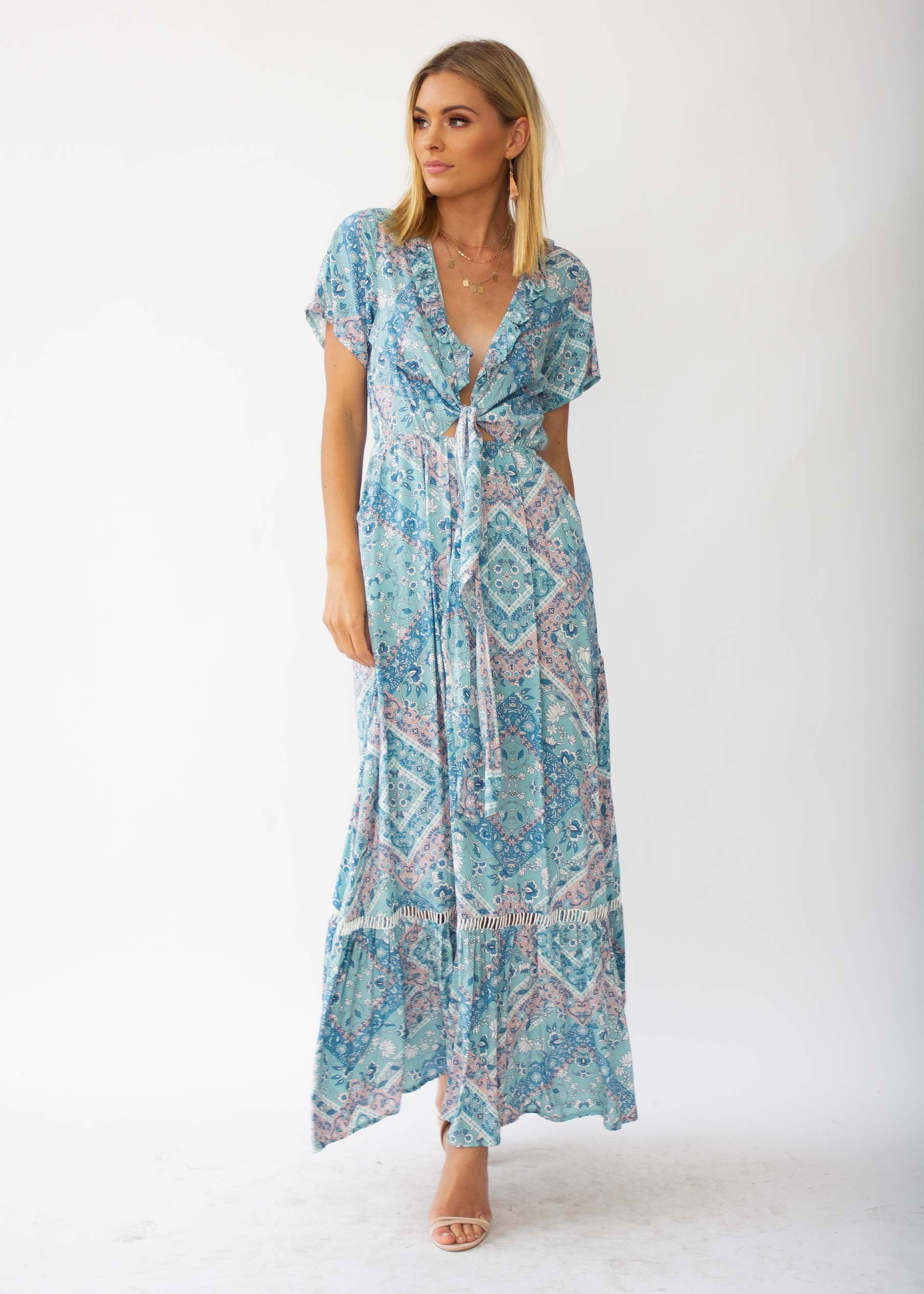 Mabel Tie Maxi Dress - Mint Paisley