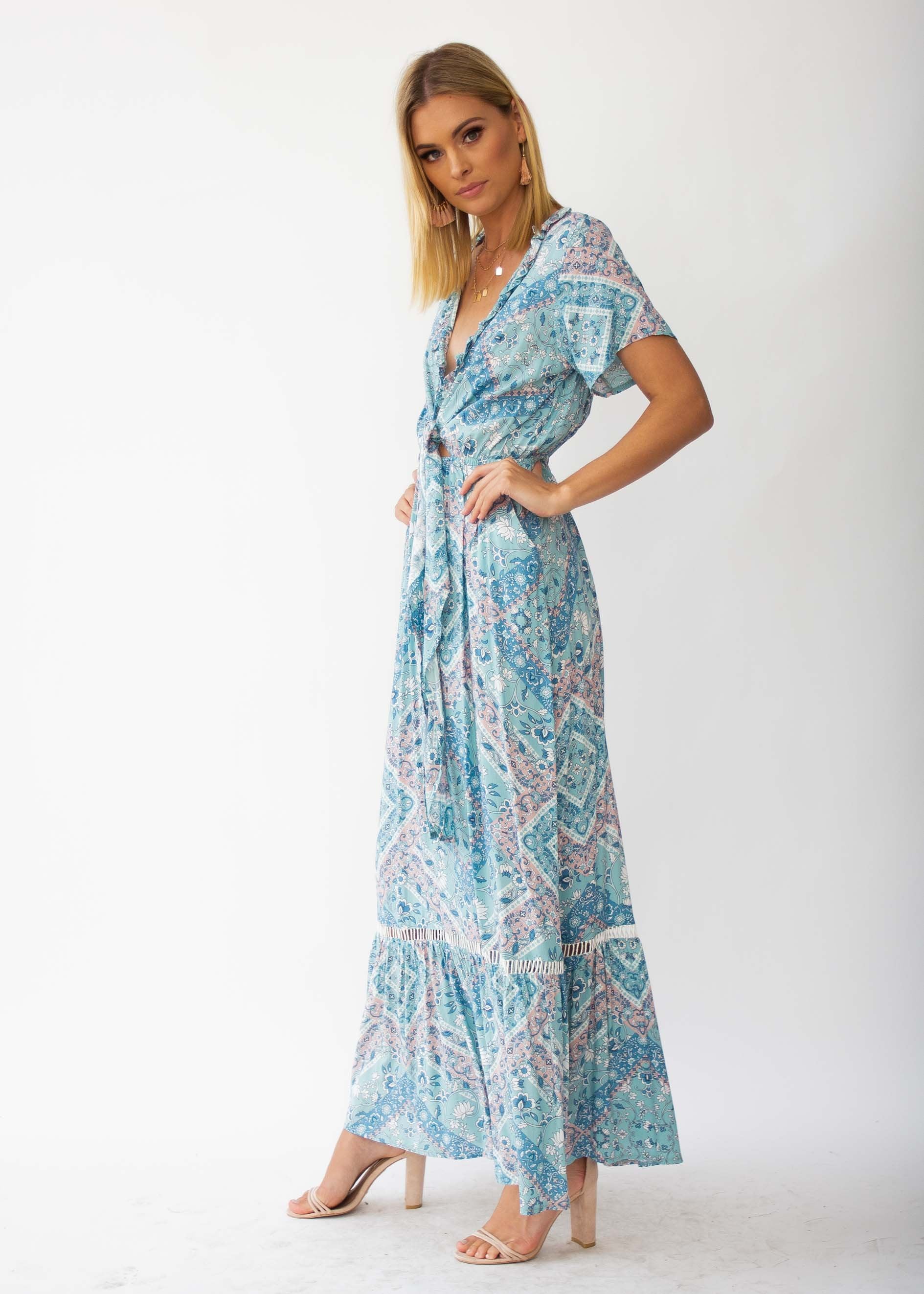 Mabel Tie Maxi Dress - Mint Paisley