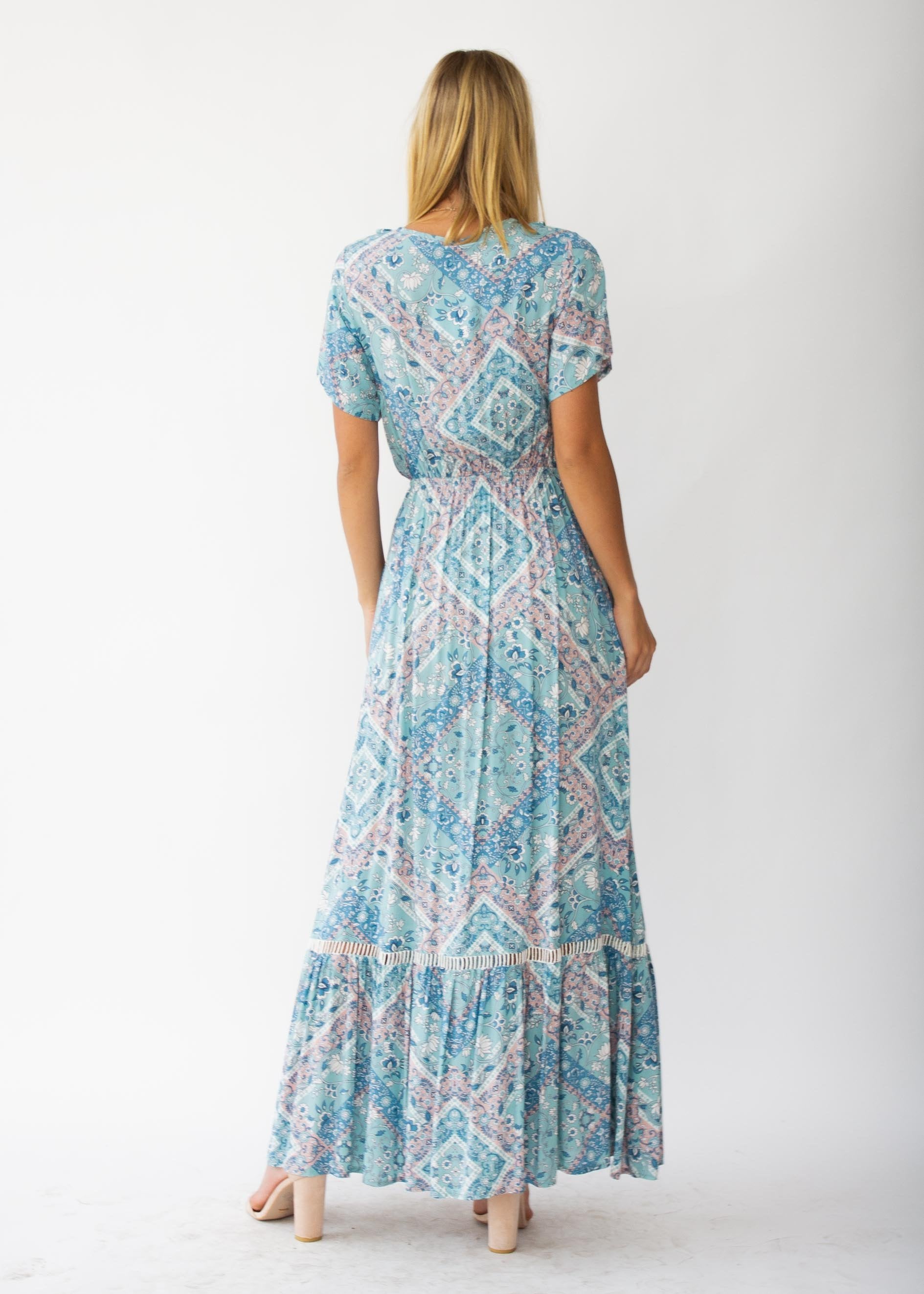 Mabel Tie Maxi Dress - Mint Paisley