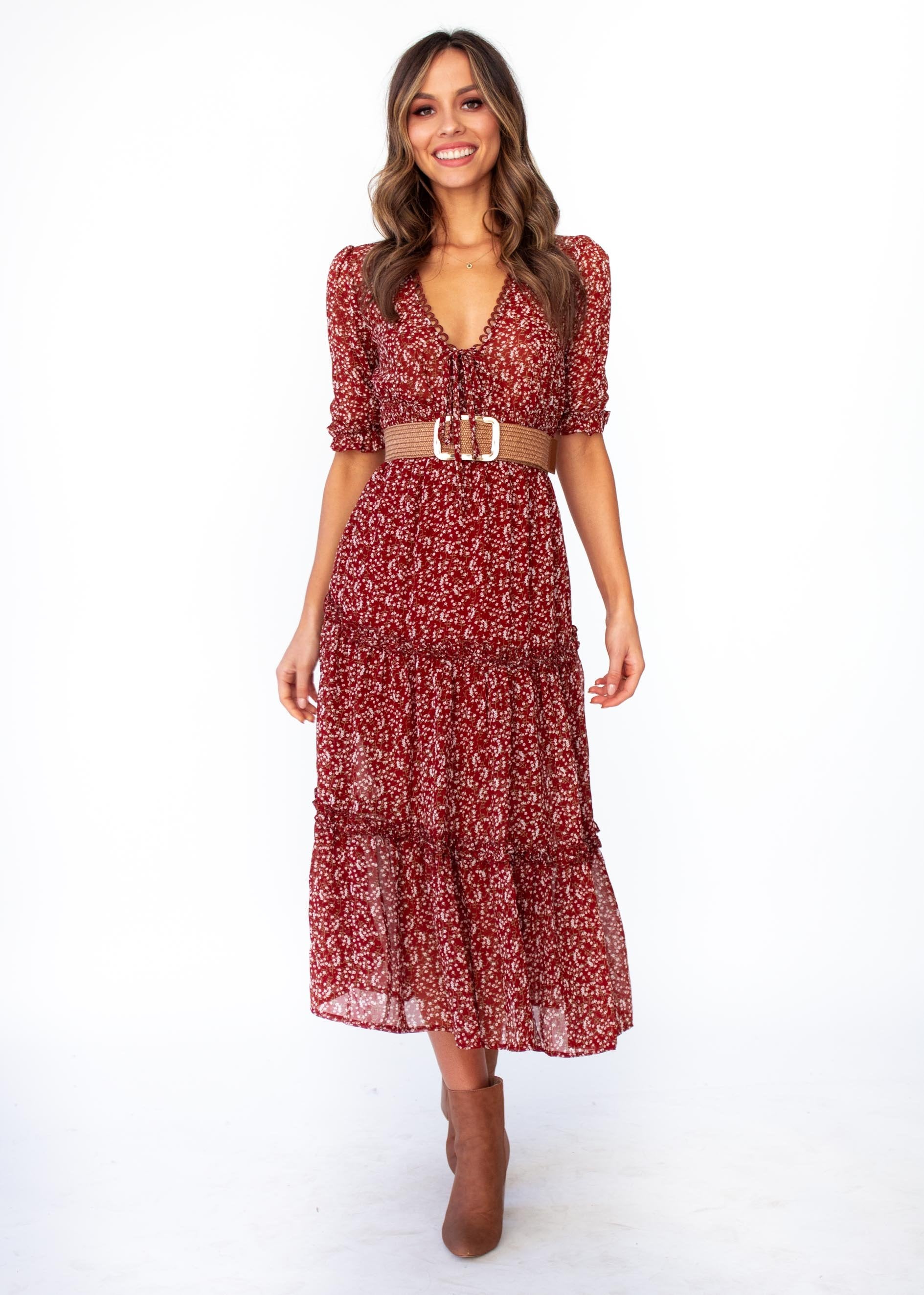 Women's Caught In The Flames Midi Dress - Maroon Floral Print
