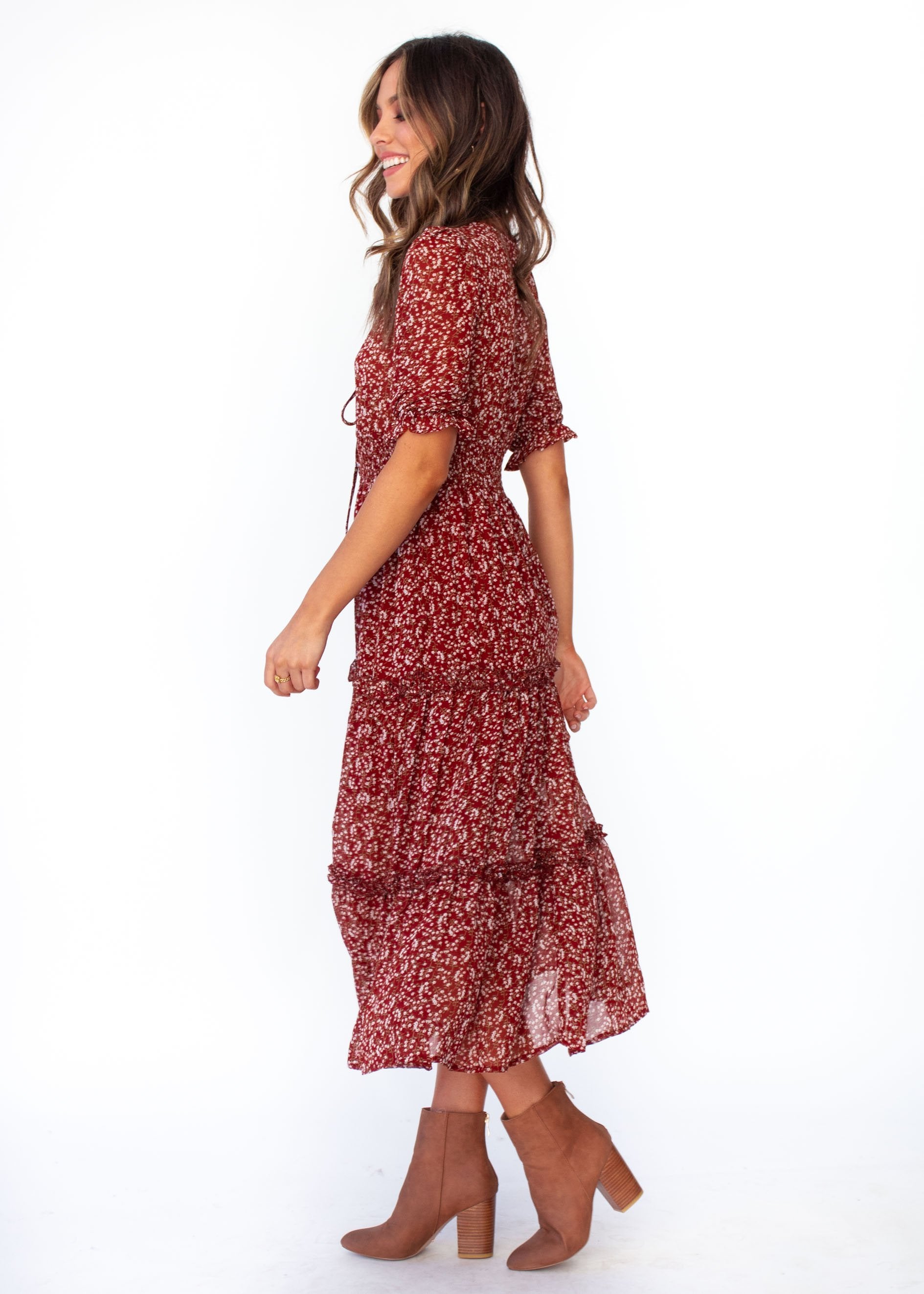 Caught In The Flames Midi Dress - Maroon Floral
