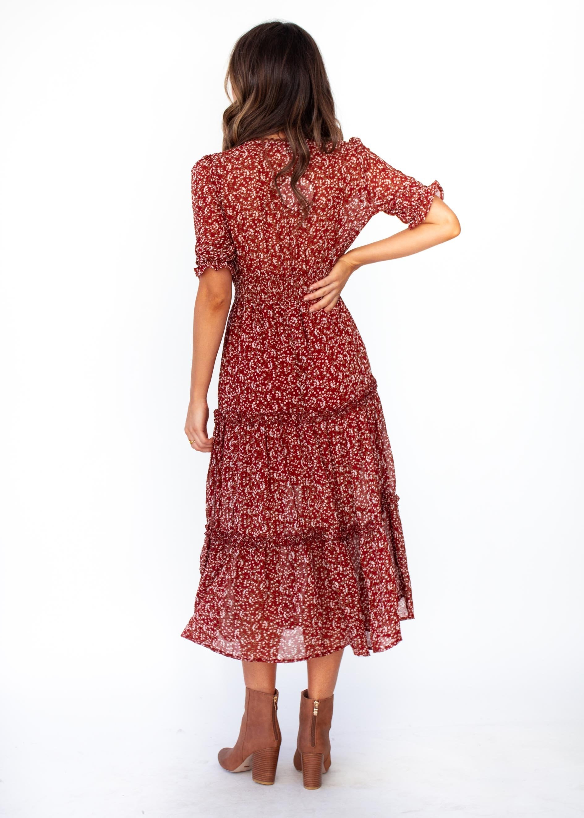 Caught In The Flames Midi Dress - Maroon Floral