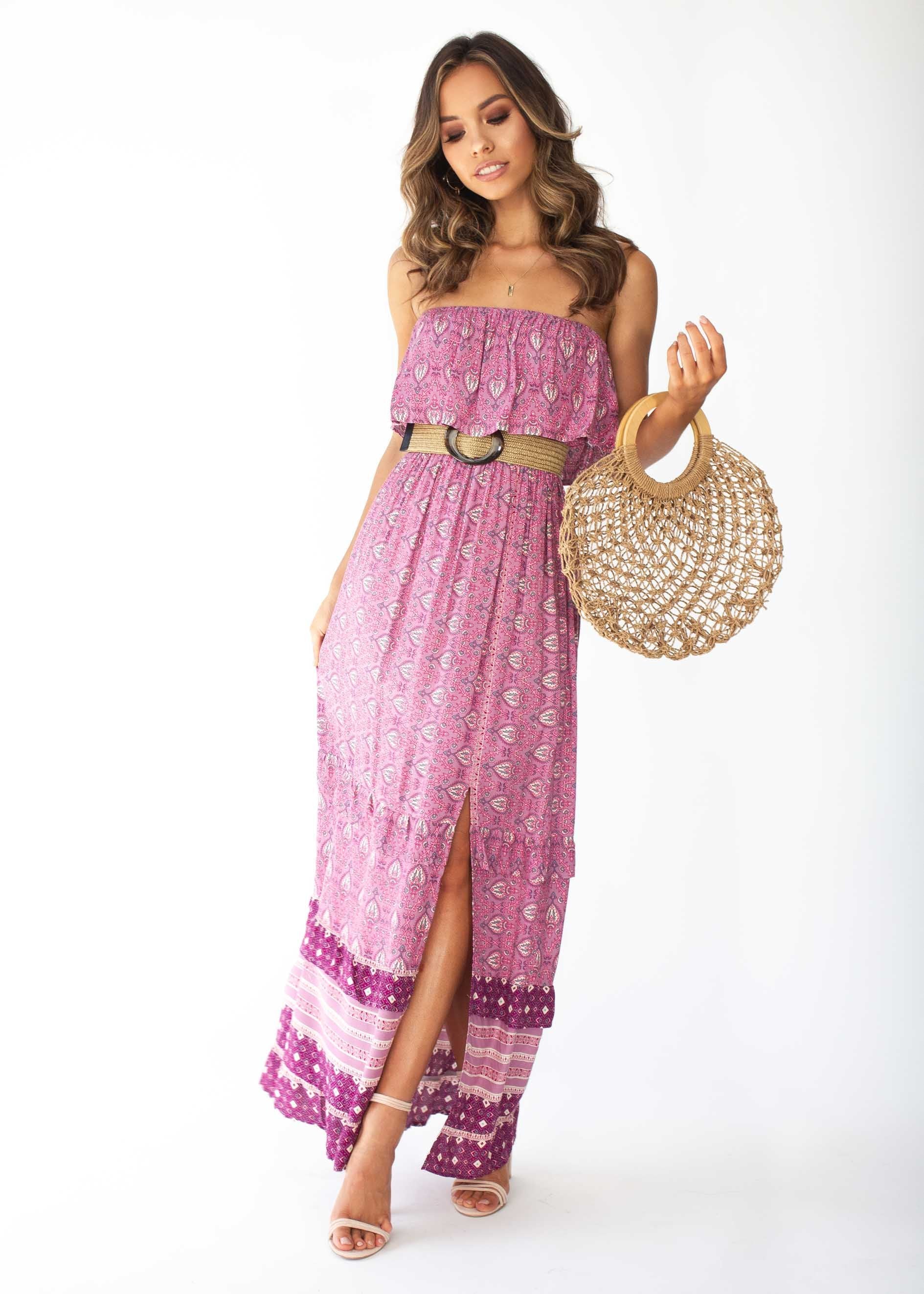 Amaryllis Strapless Maxi Dress - Purple Paisley