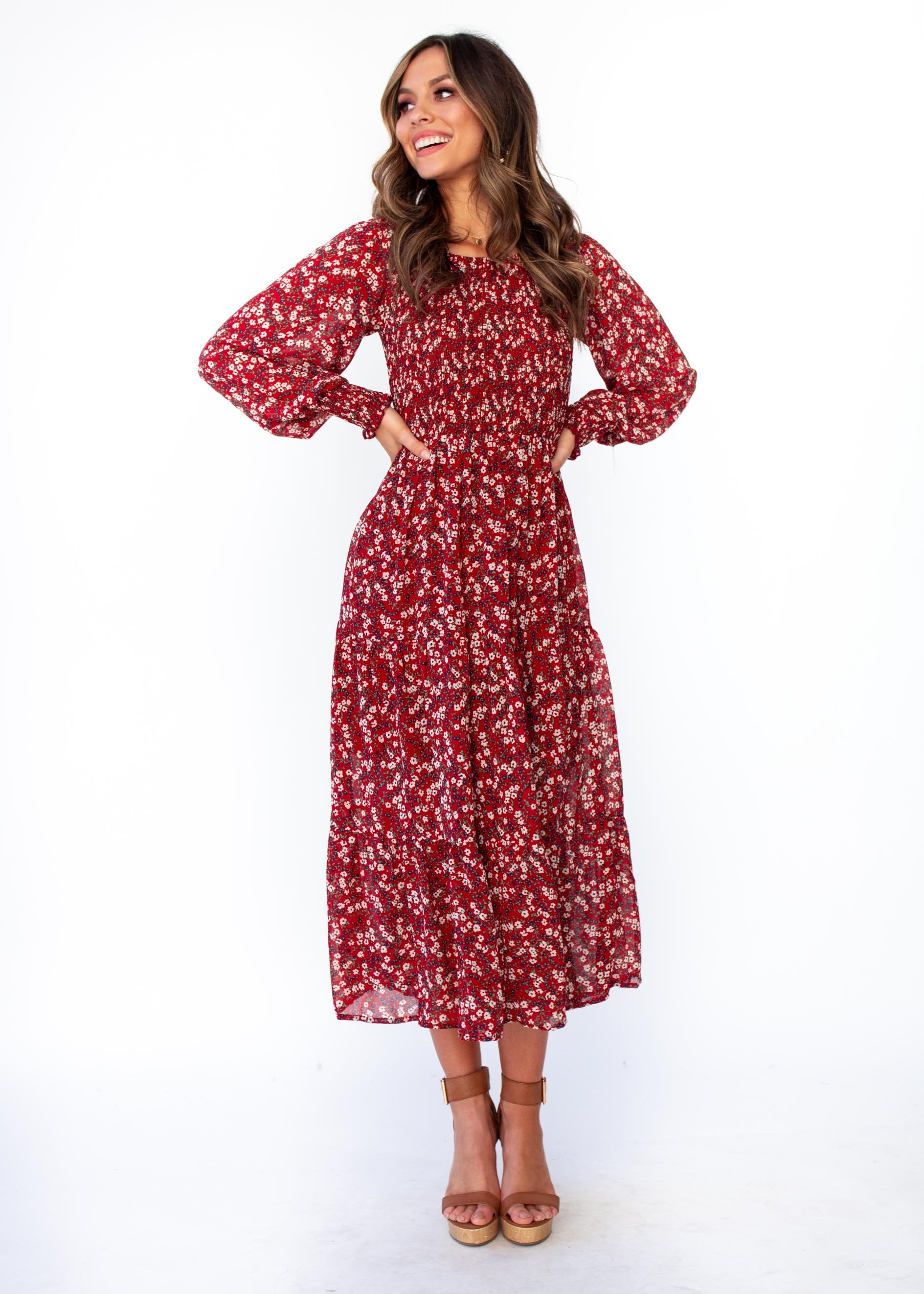 Everlasting Wish Midi Dress - Burgundy Floral Print