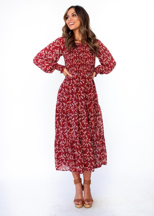 Everlasting Wish Midi Dress - Burgundy Floral Print
