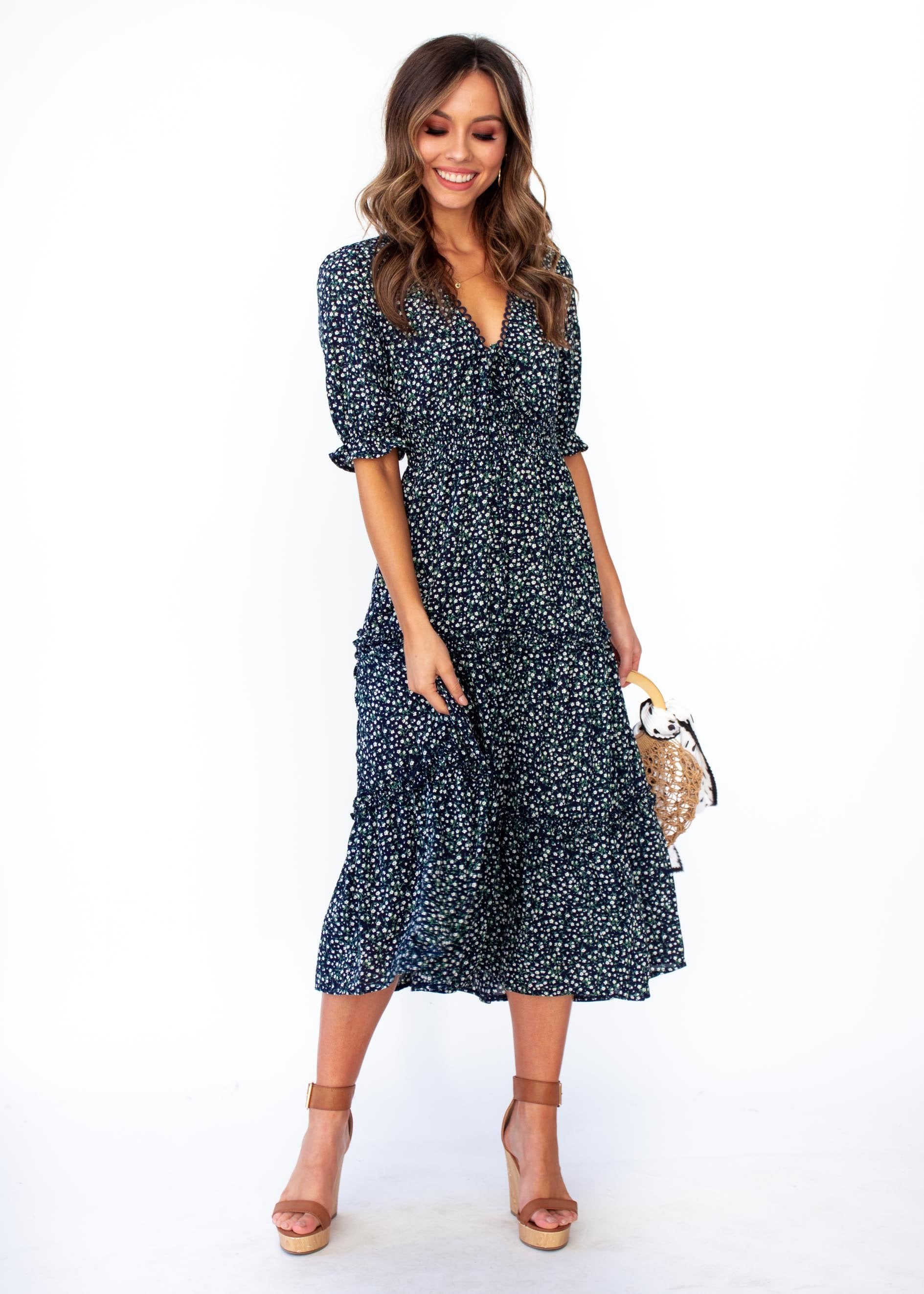 Caught In The Flames Midi Dress - Navy Floral