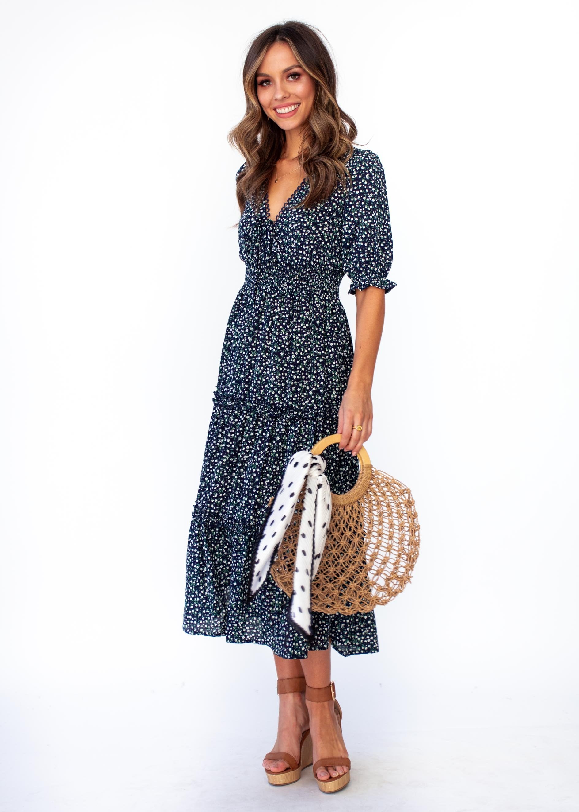Caught In The Flames Midi Dress - Navy Floral