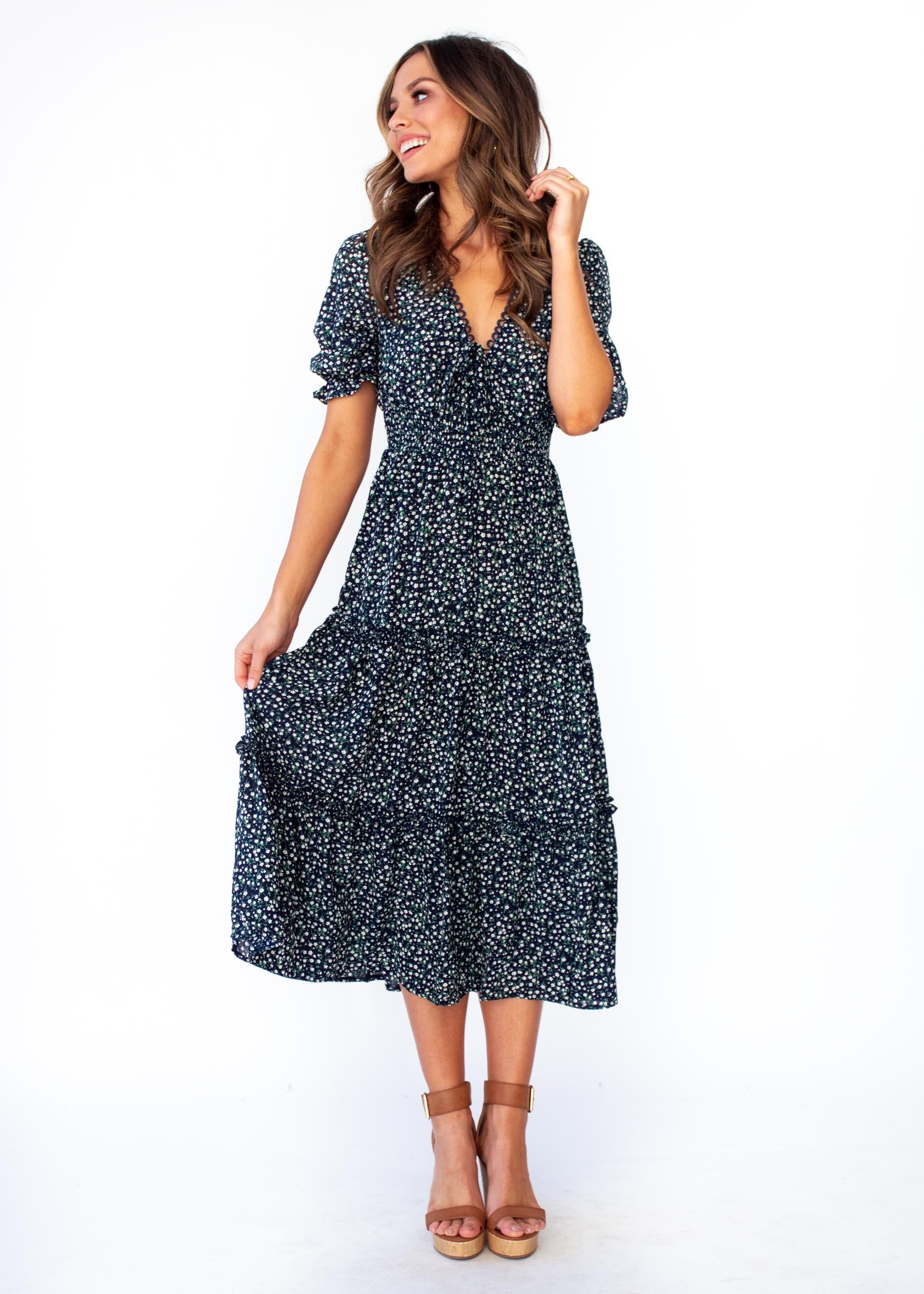 Caught In The Flames Midi Dress - Navy Floral