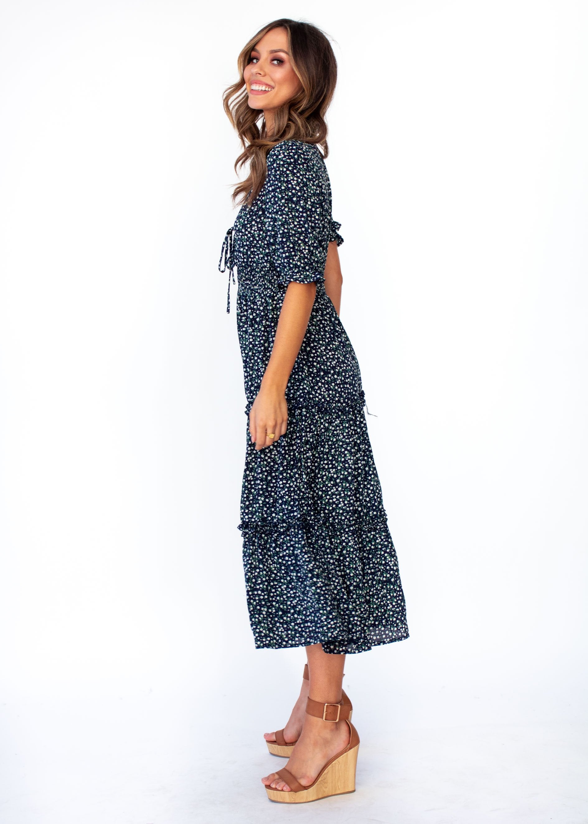 Caught In The Flames Midi Dress - Navy Floral