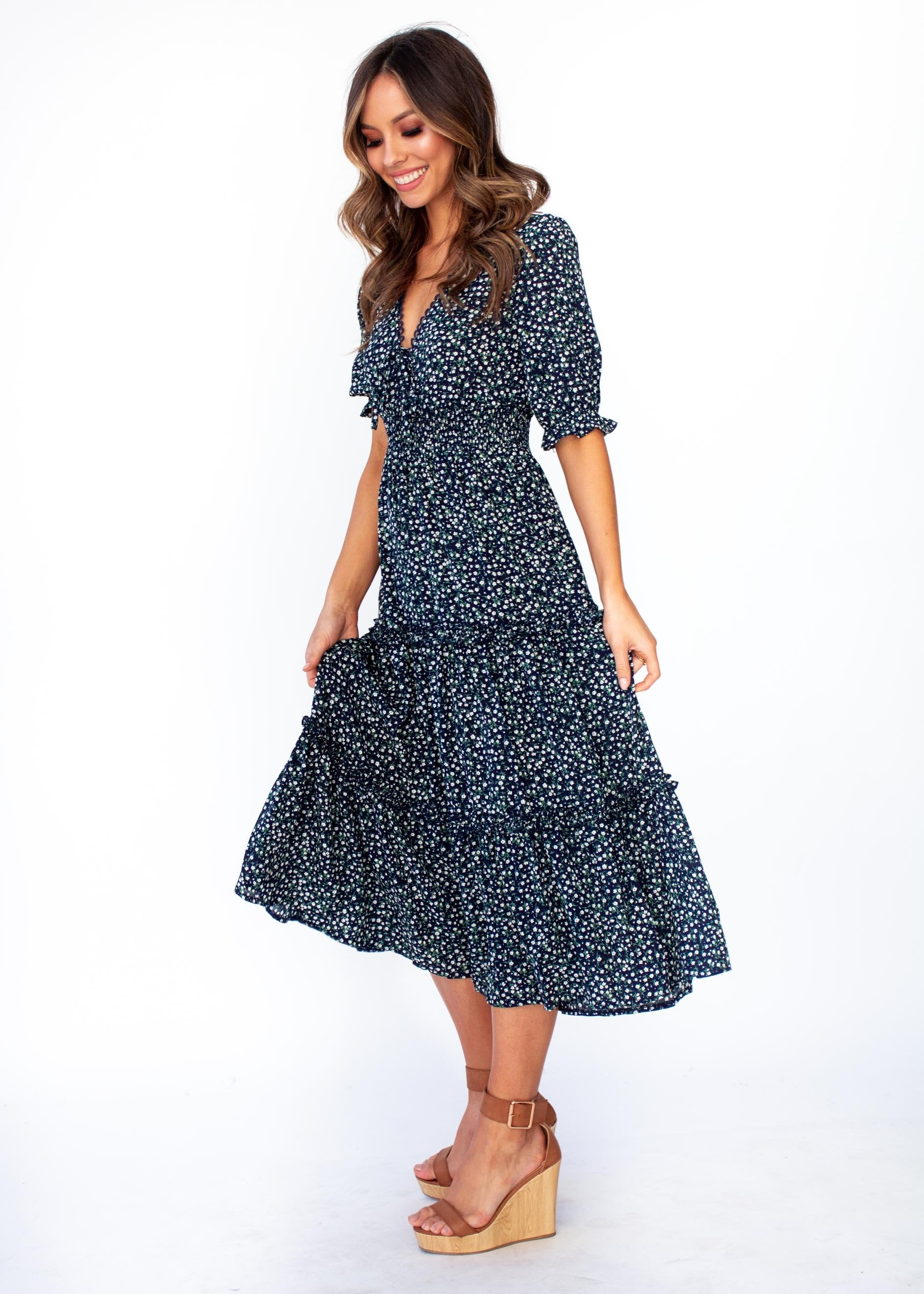 Caught In The Flames Midi Dress - Navy Floral