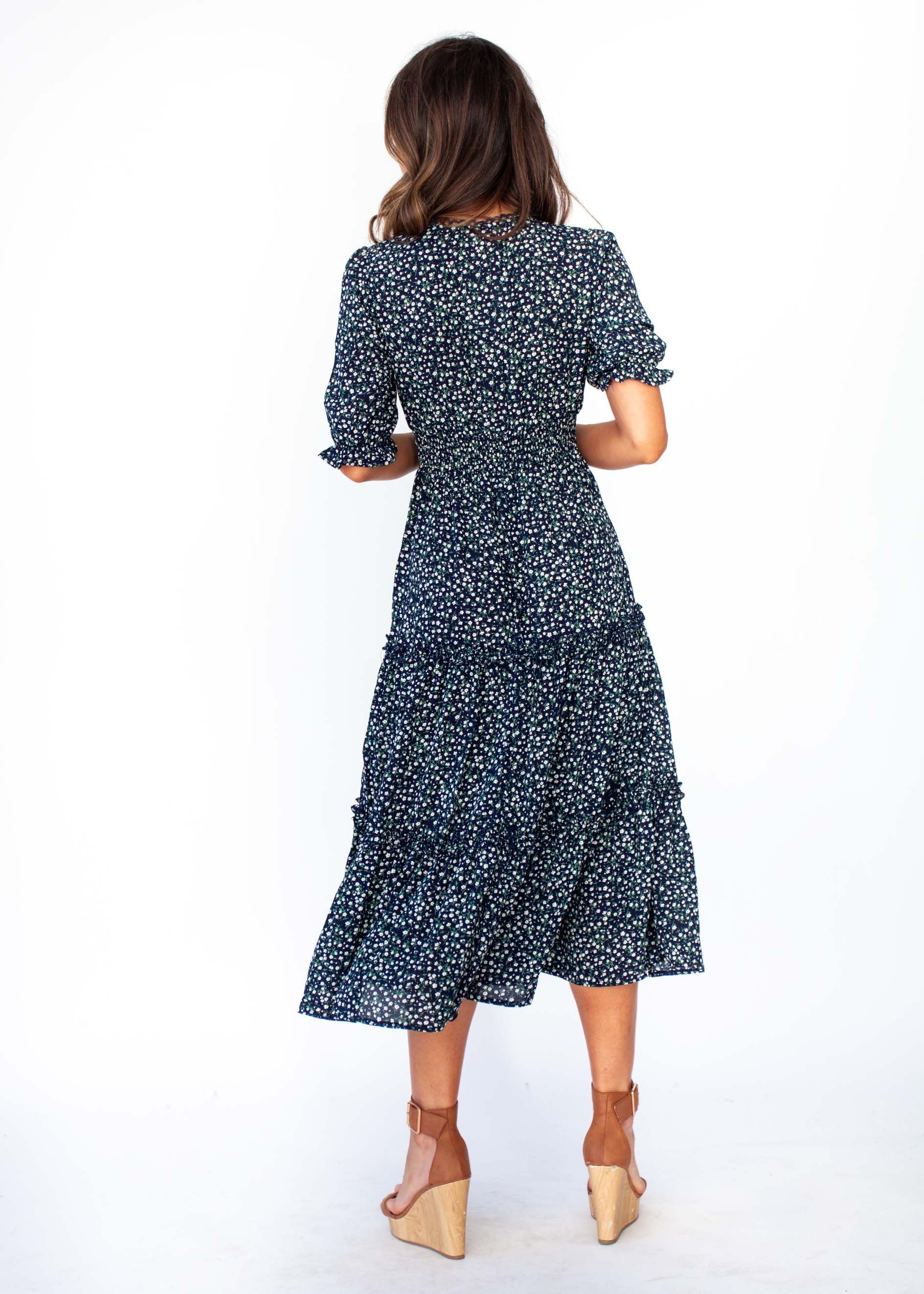 Caught In The Flames Midi Dress - Navy Floral
