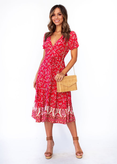 Mayflower Midi Dress - Mumbai - Red Floral Print