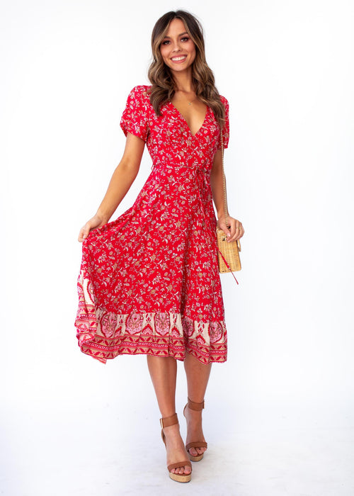 Women's Mayflower Midi Dress - Mumbai - Red Floral Print