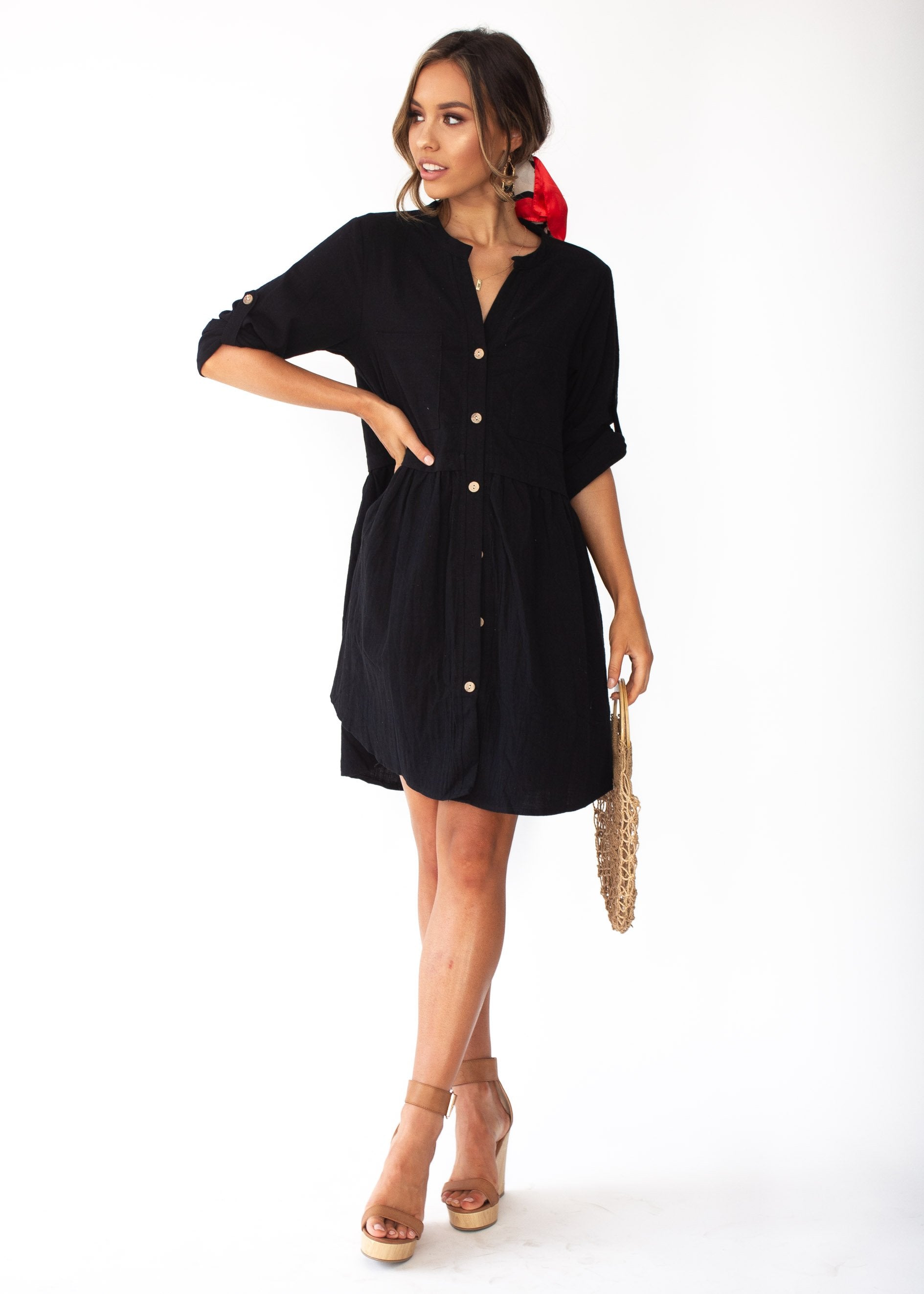 Laid Back Cotton Shirt Dress - Black