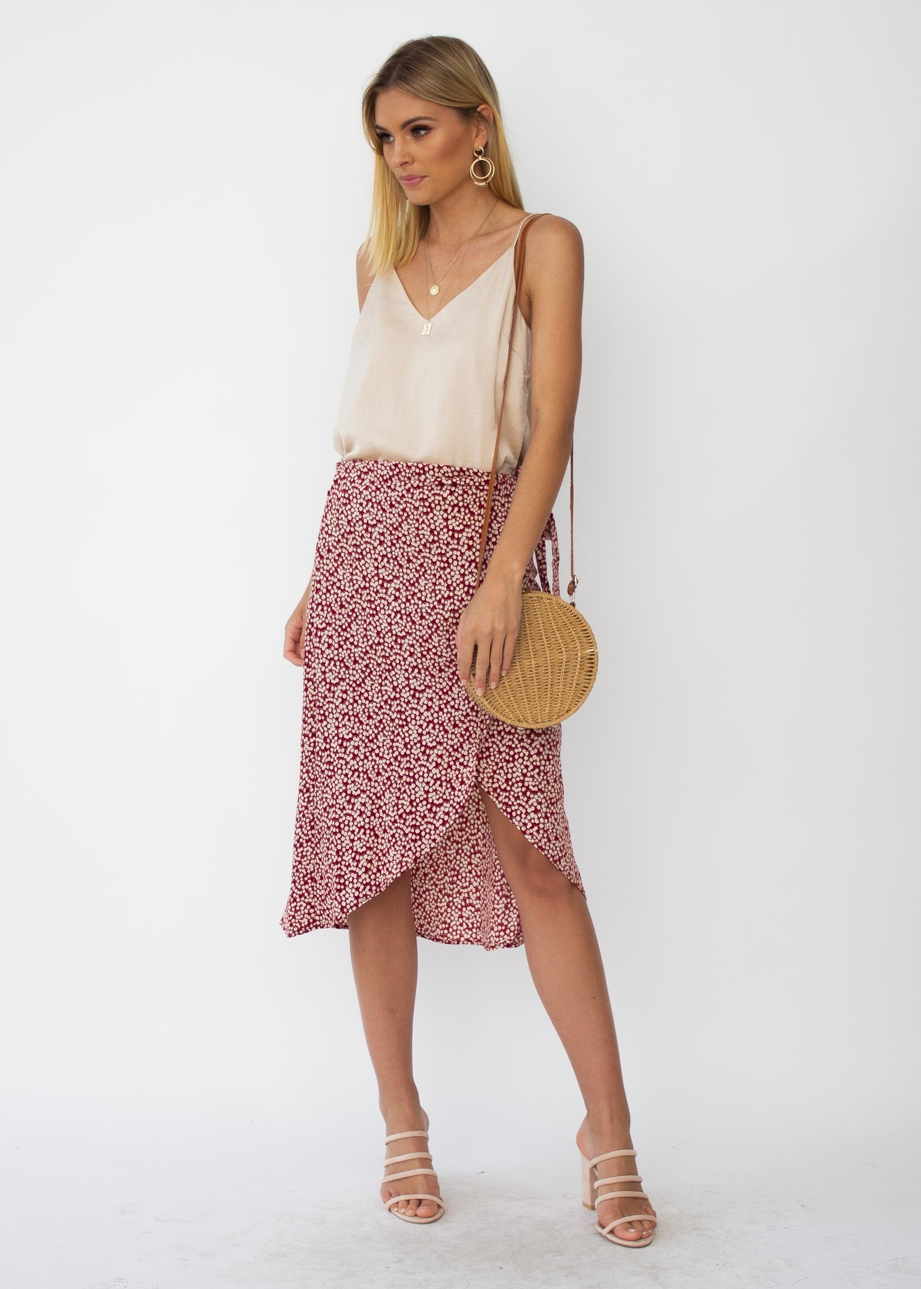 Bold Love Midi Wrap Skirt - Red Floral