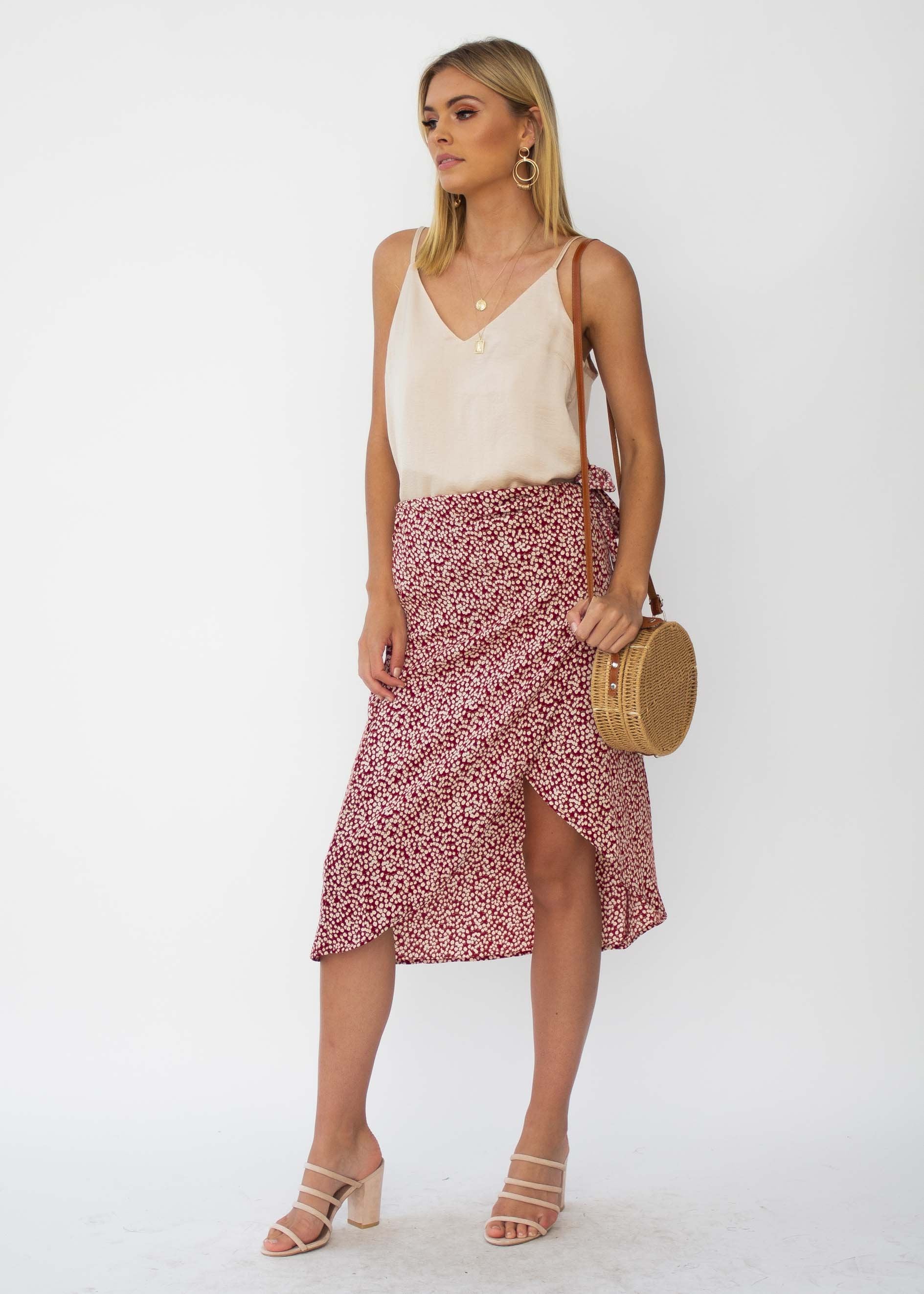 Bold Love Midi Wrap Skirt - Red Floral