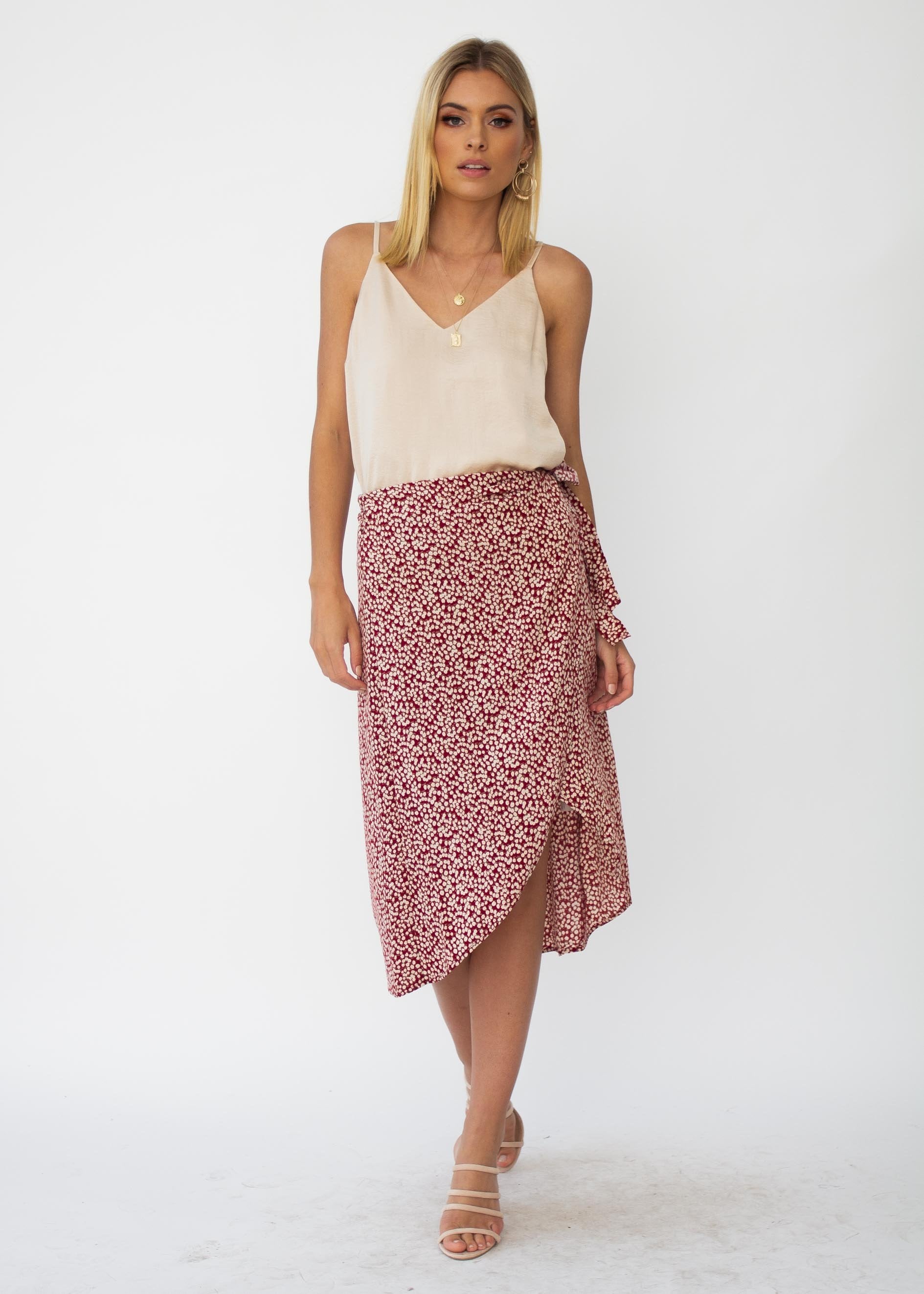 Bold Love Midi Wrap Skirt - Red Floral