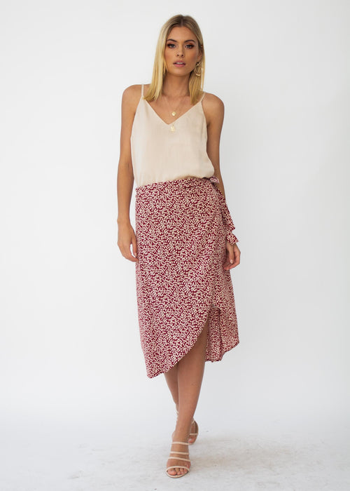 Bold Love Midi Wrap Skirt - Red Floral