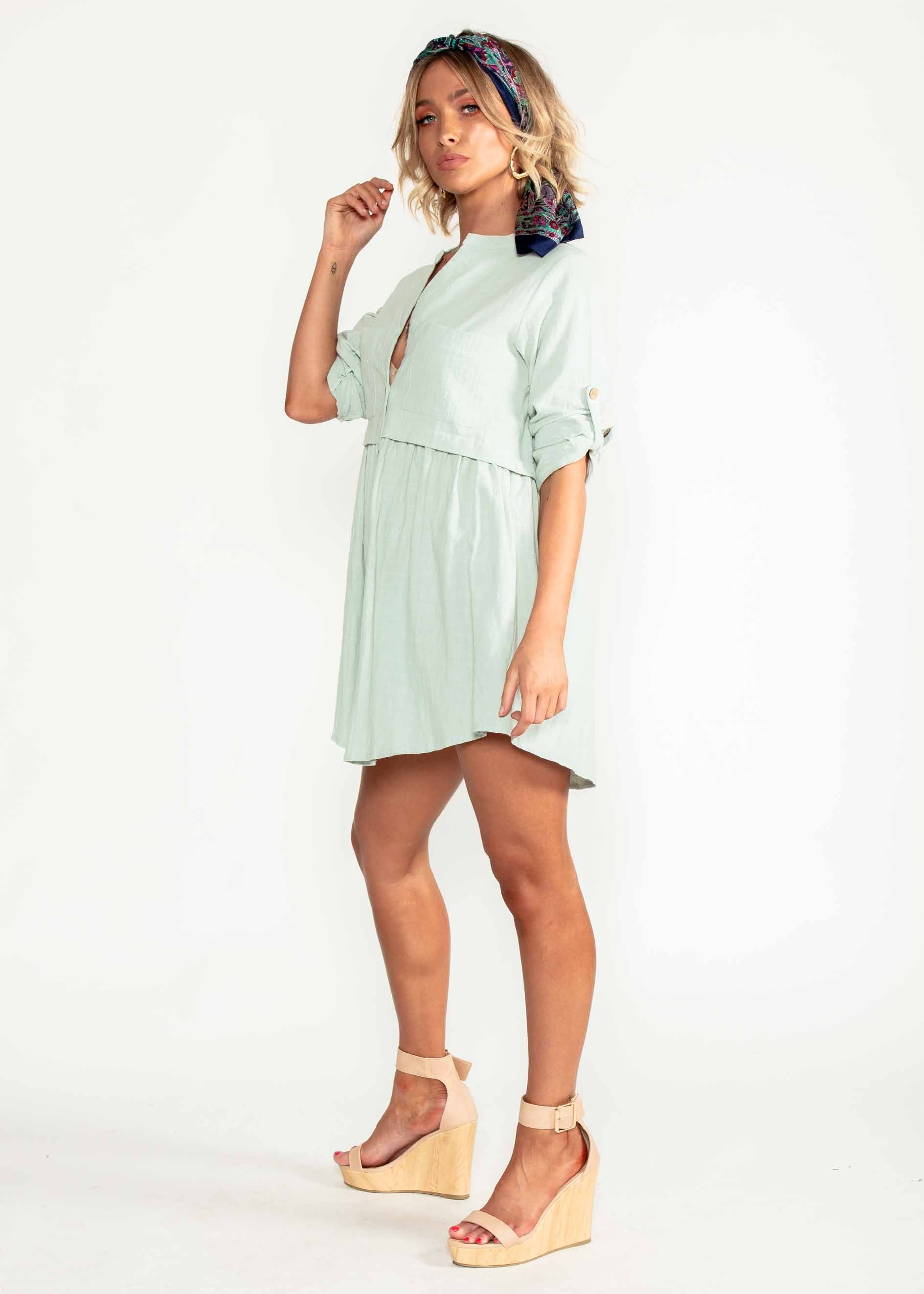 Laid Back Cotton Shirt Dress - Sage