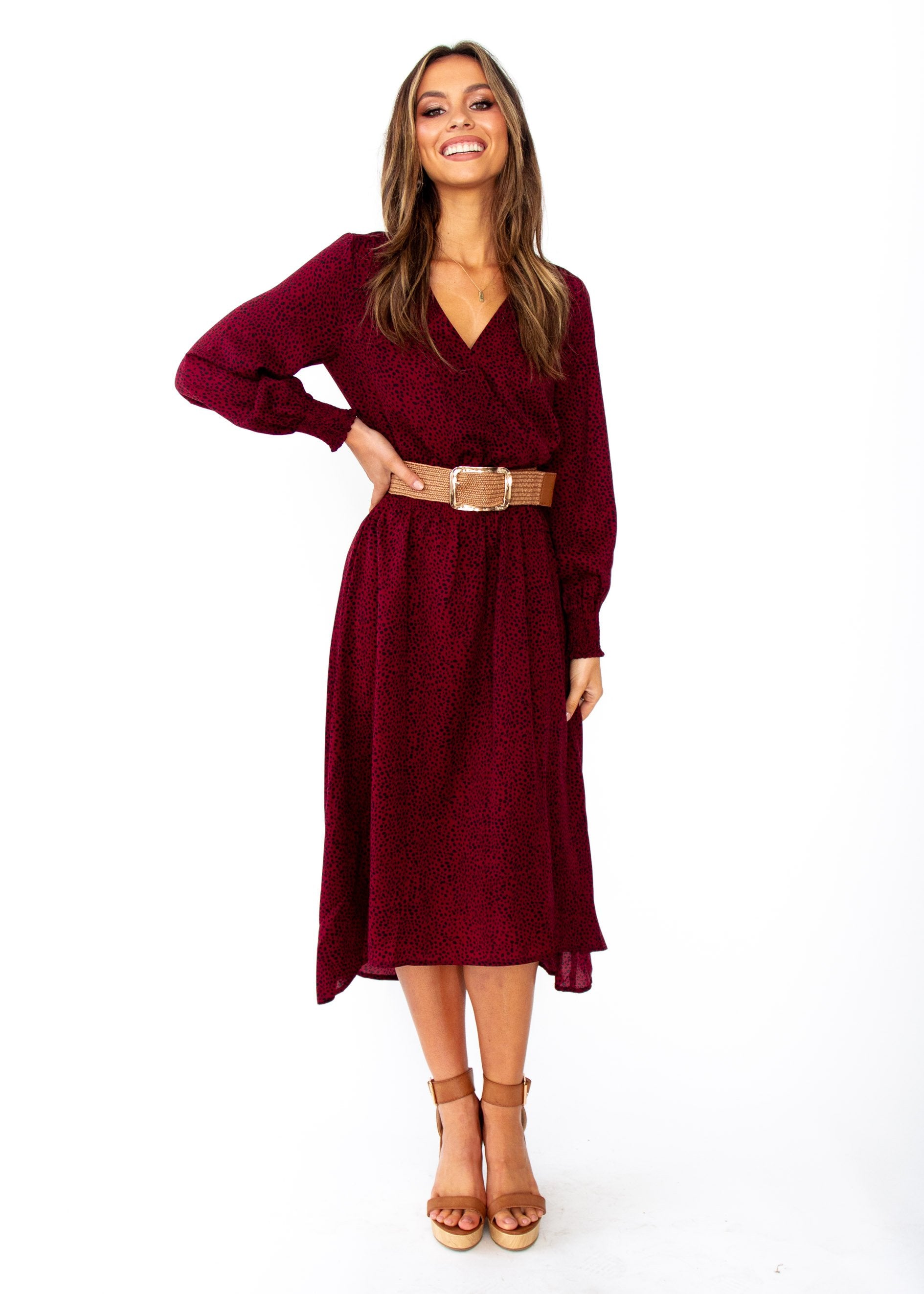 Smoke & Fire Midi Dress - Wine Spot Print