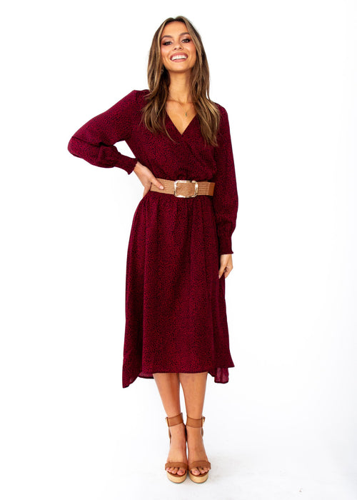 Smoke & Fire Midi Dress - Wine Spot Print