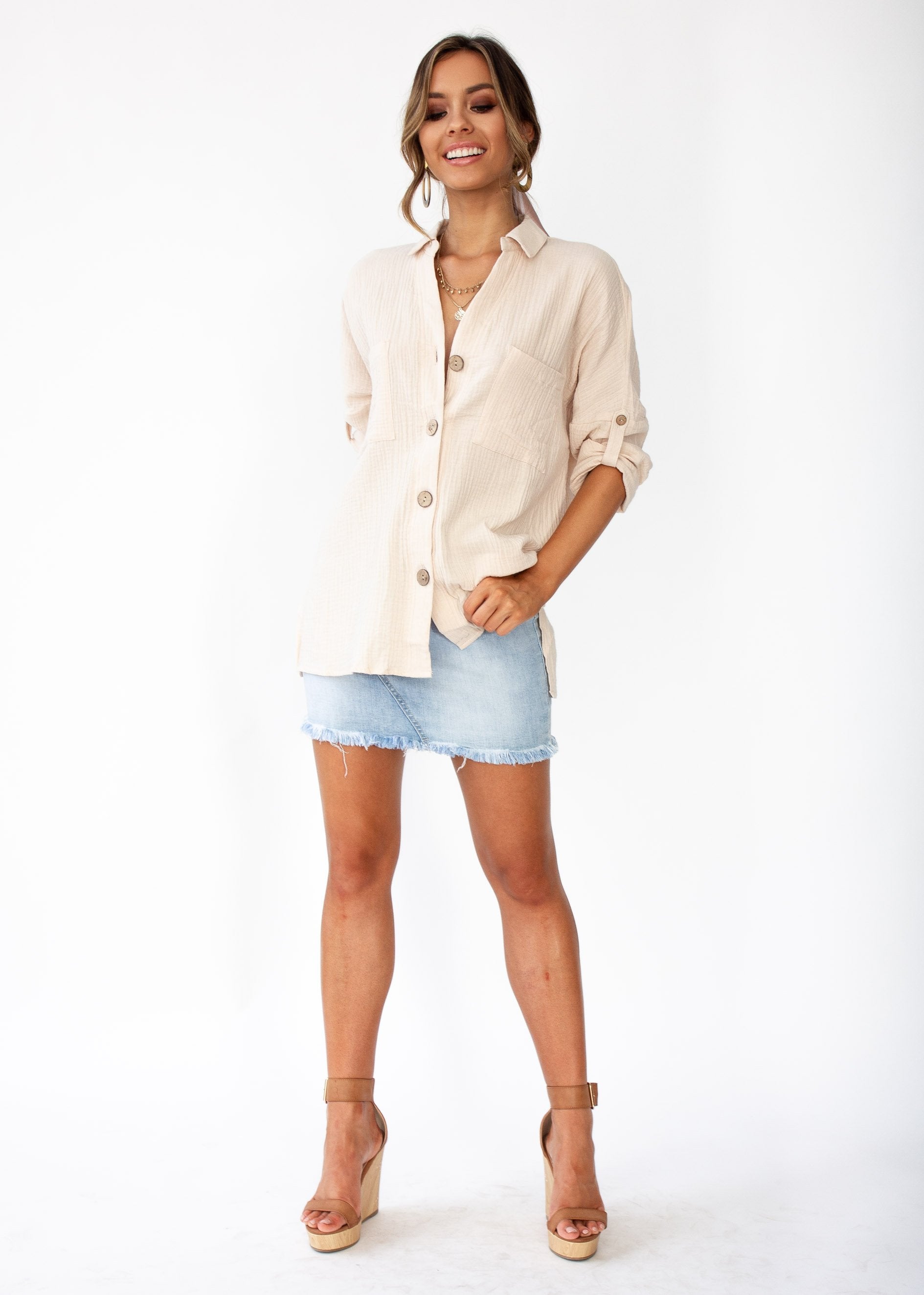 Mine To Keep Cotton Shirt - Beige