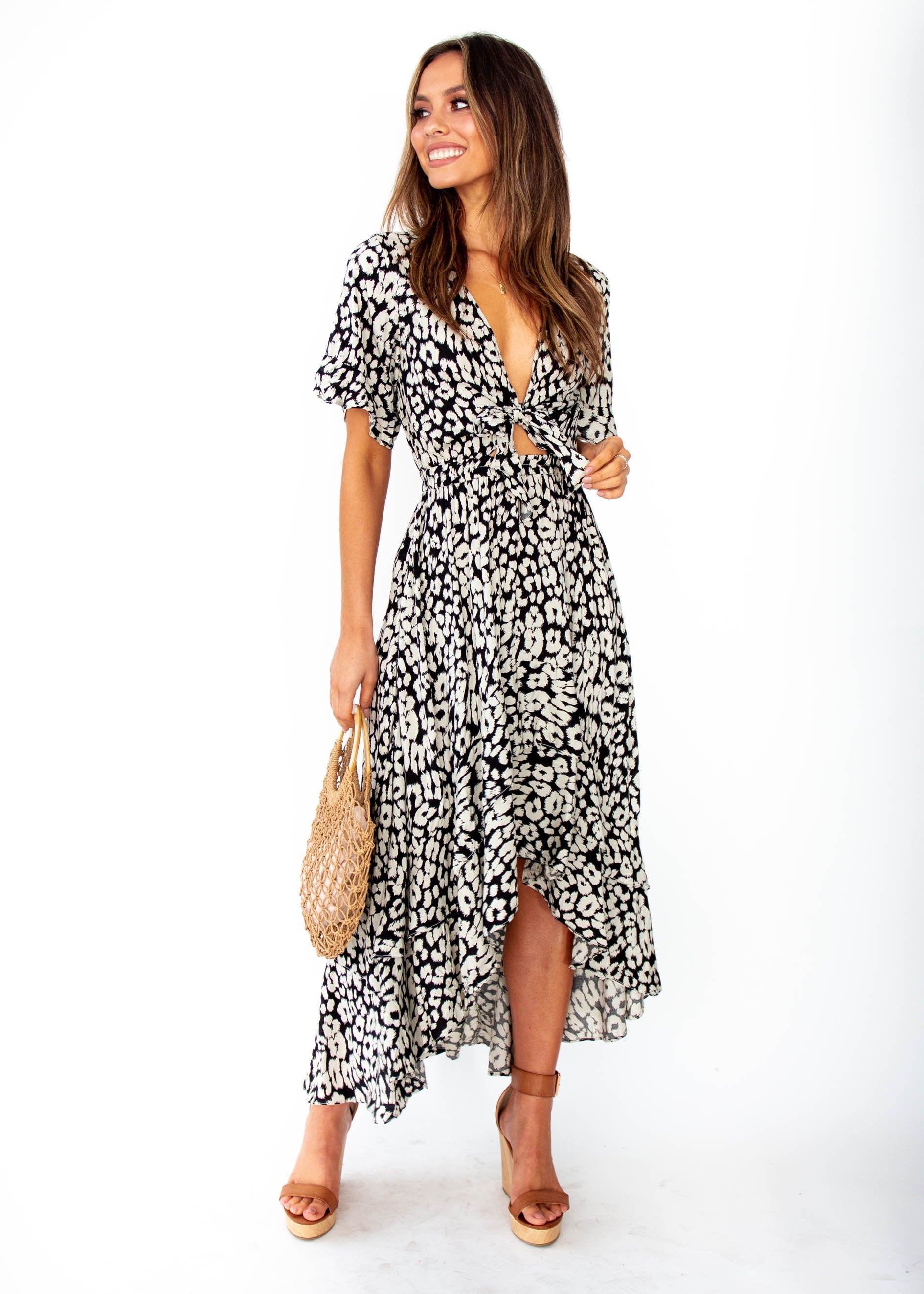 Feel Like This Hi-Lo Maxi Dress - Black Nude Print