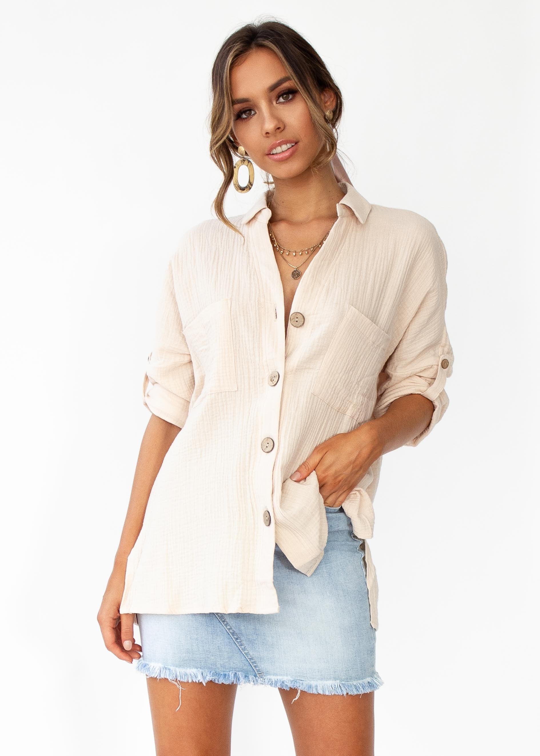 Mine To Keep Cotton Shirt - Beige