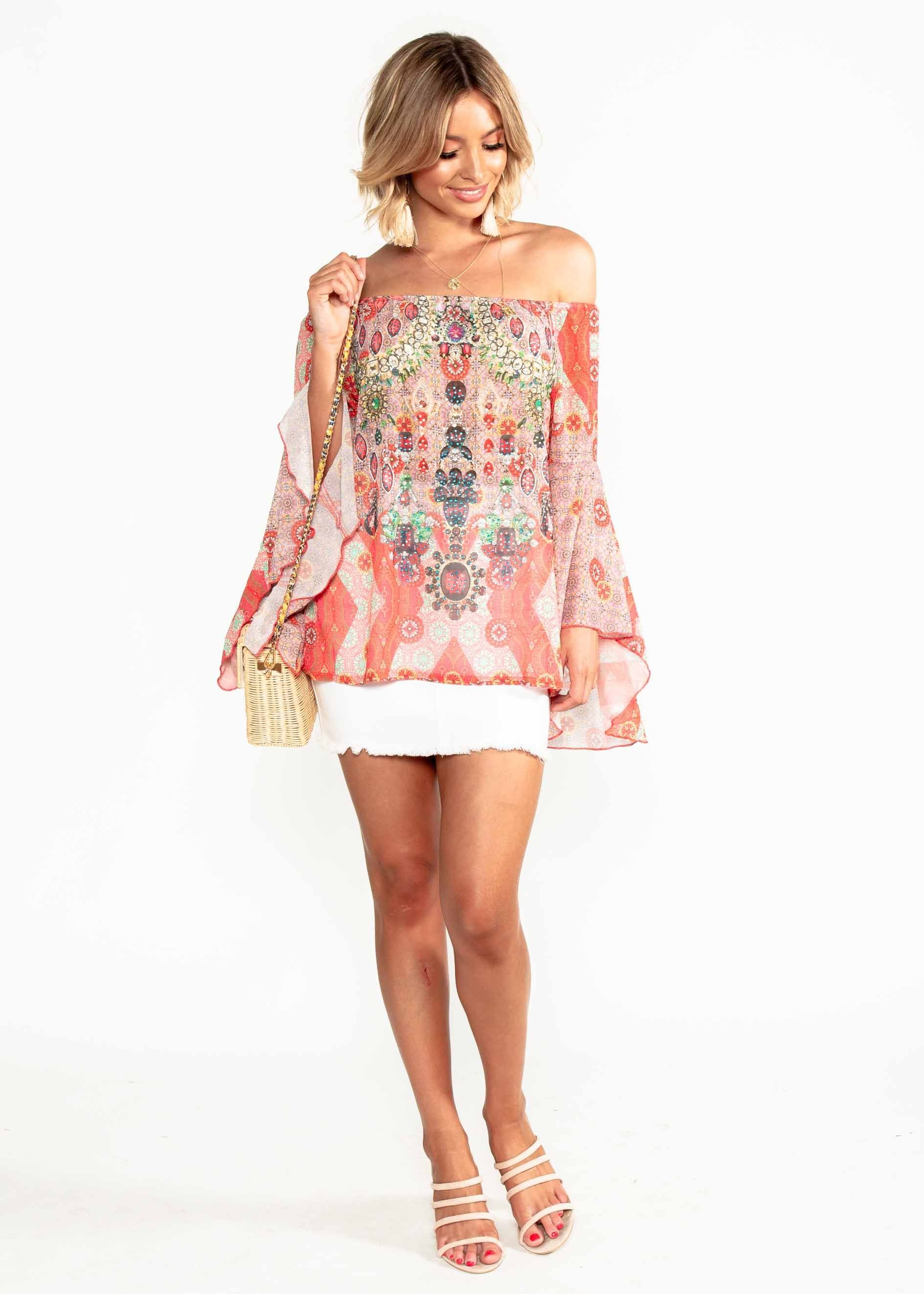 Sacramento Off Shoulder Chiffon Top - Summer Spritz