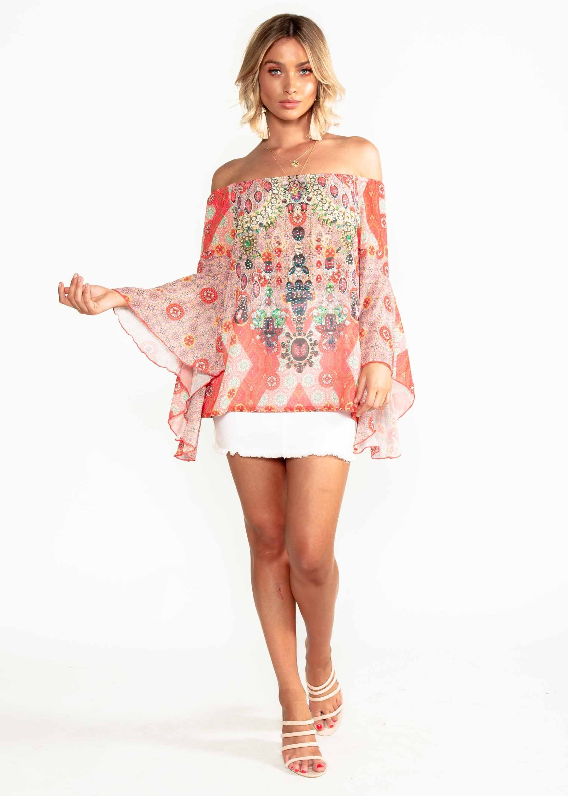 Sacramento Off Shoulder Chiffon Top - Summer Spritz