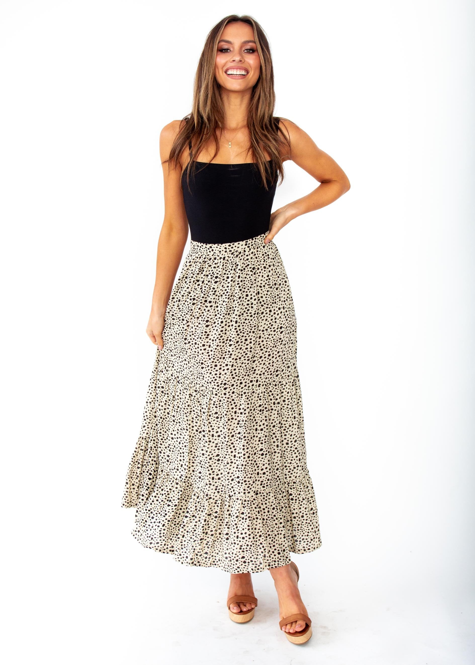Women's Courtney Maxi Skirt - Beige Spot Print