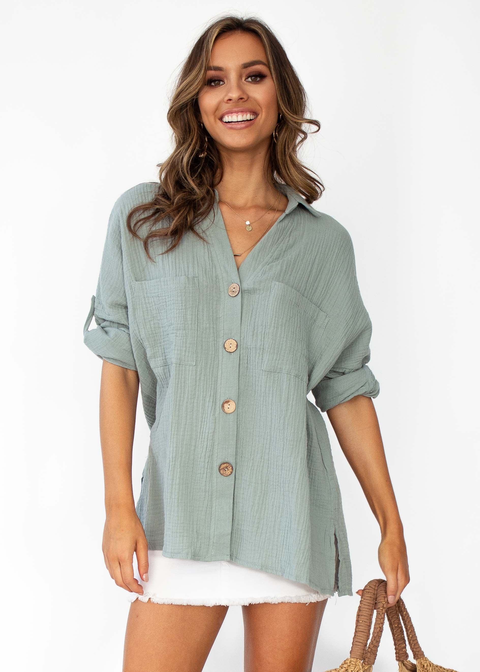 Mine To Keep Cotton Shirt - Sage