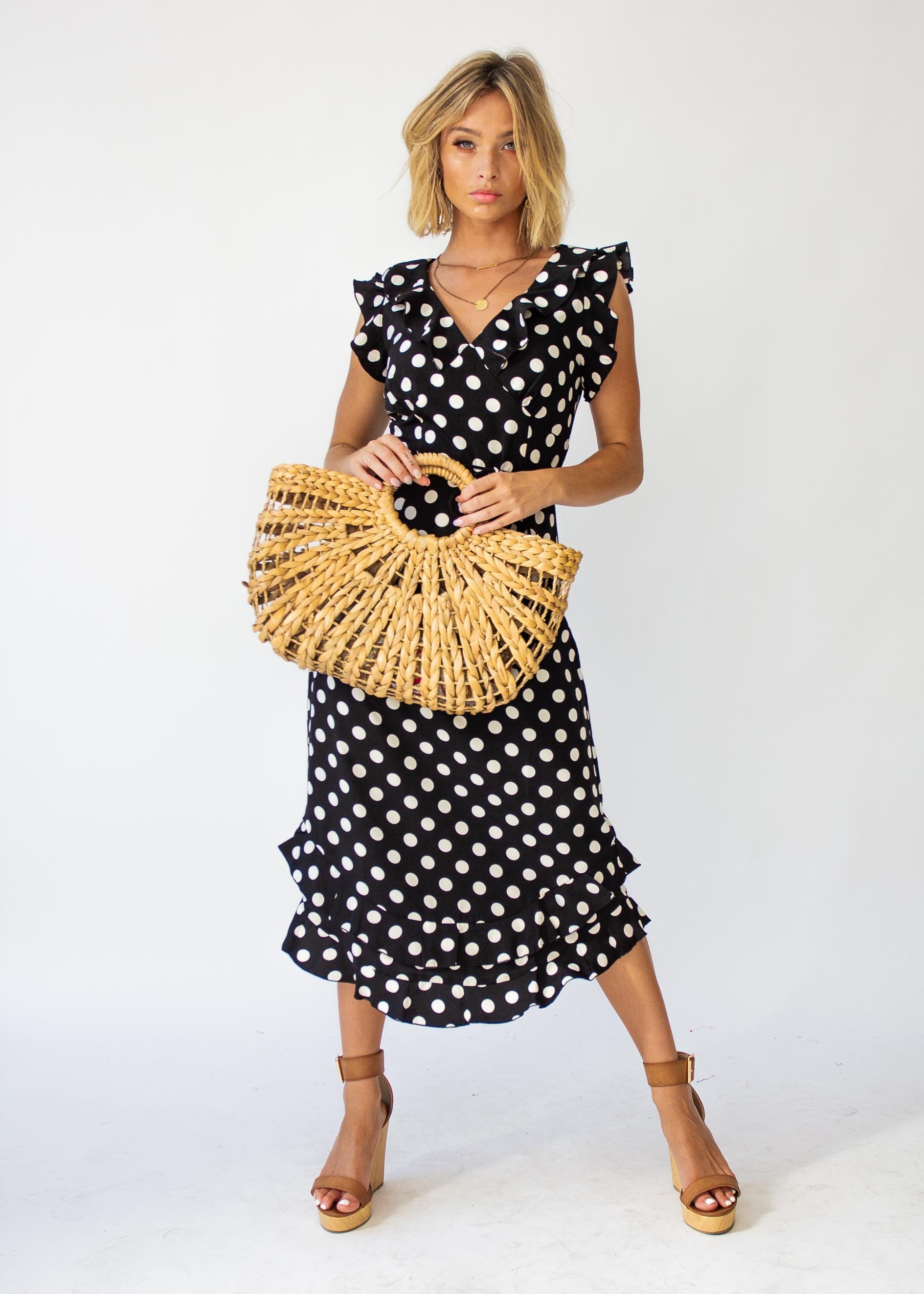 One Last Time Midi Dress - Black Polka