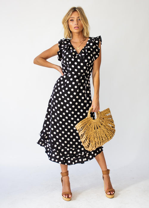 One Last Time Midi Dress - Black Polka