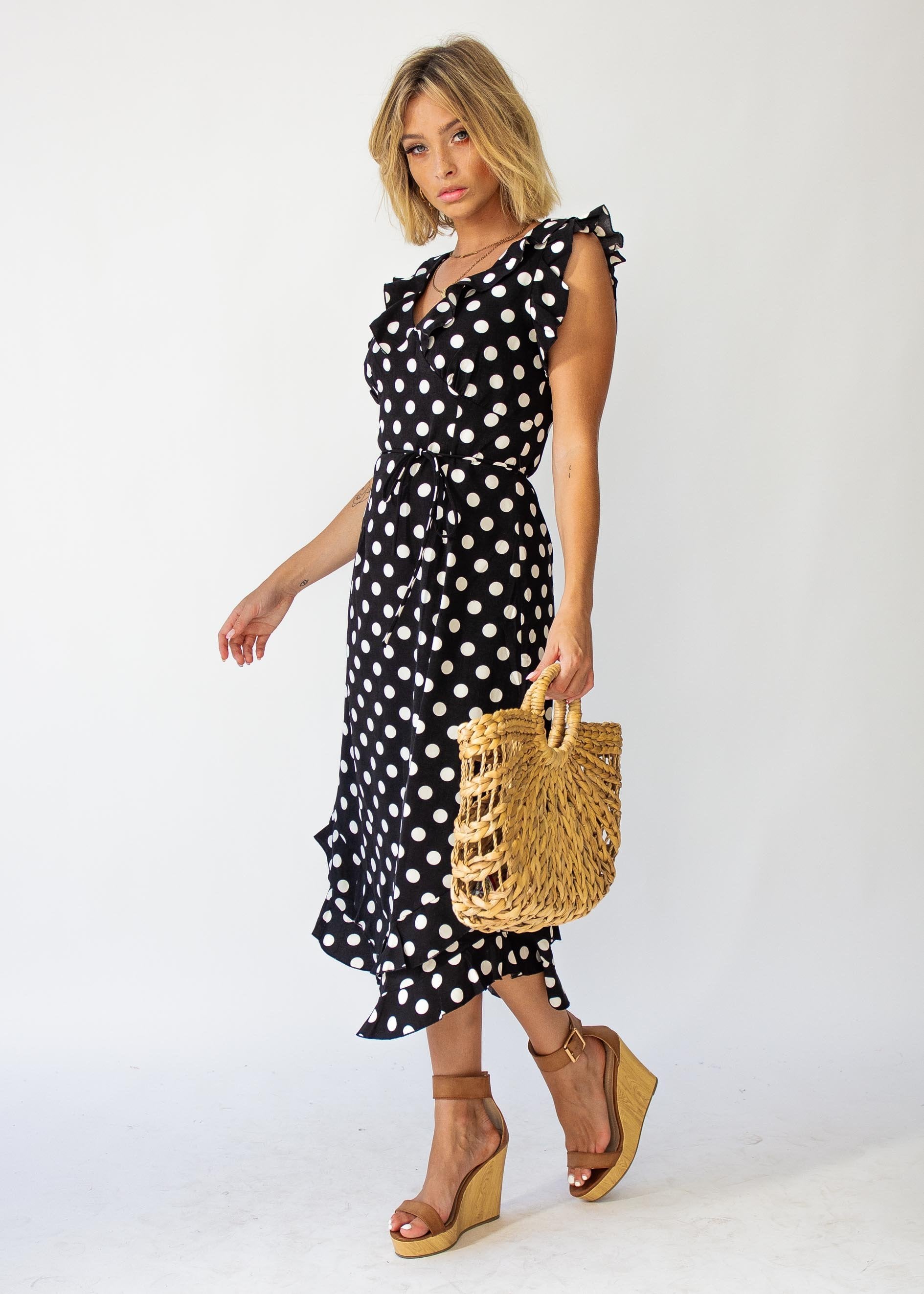 One Last Time Midi Dress - Black Polka