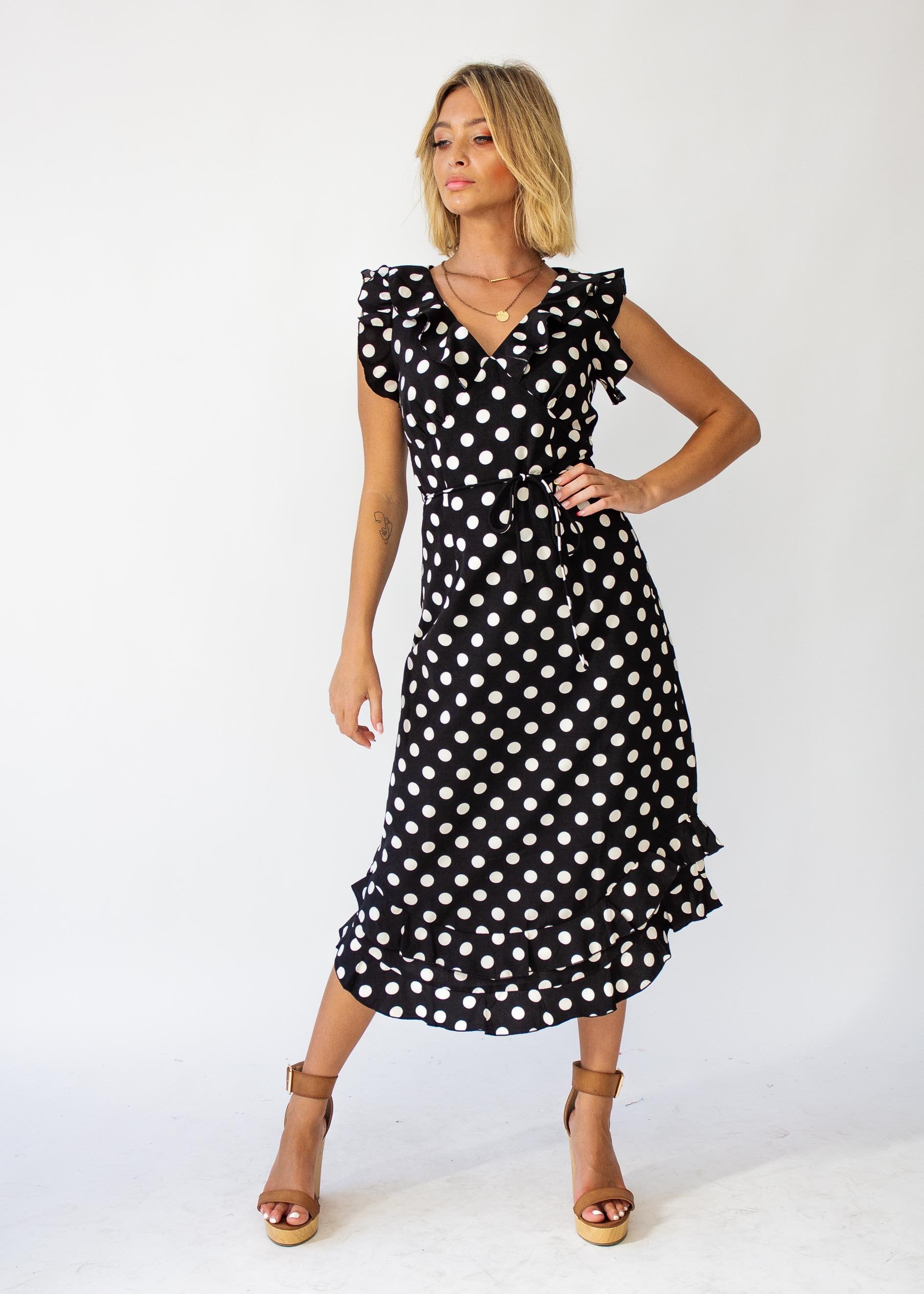 One Last Time Midi Dress - Black Polka