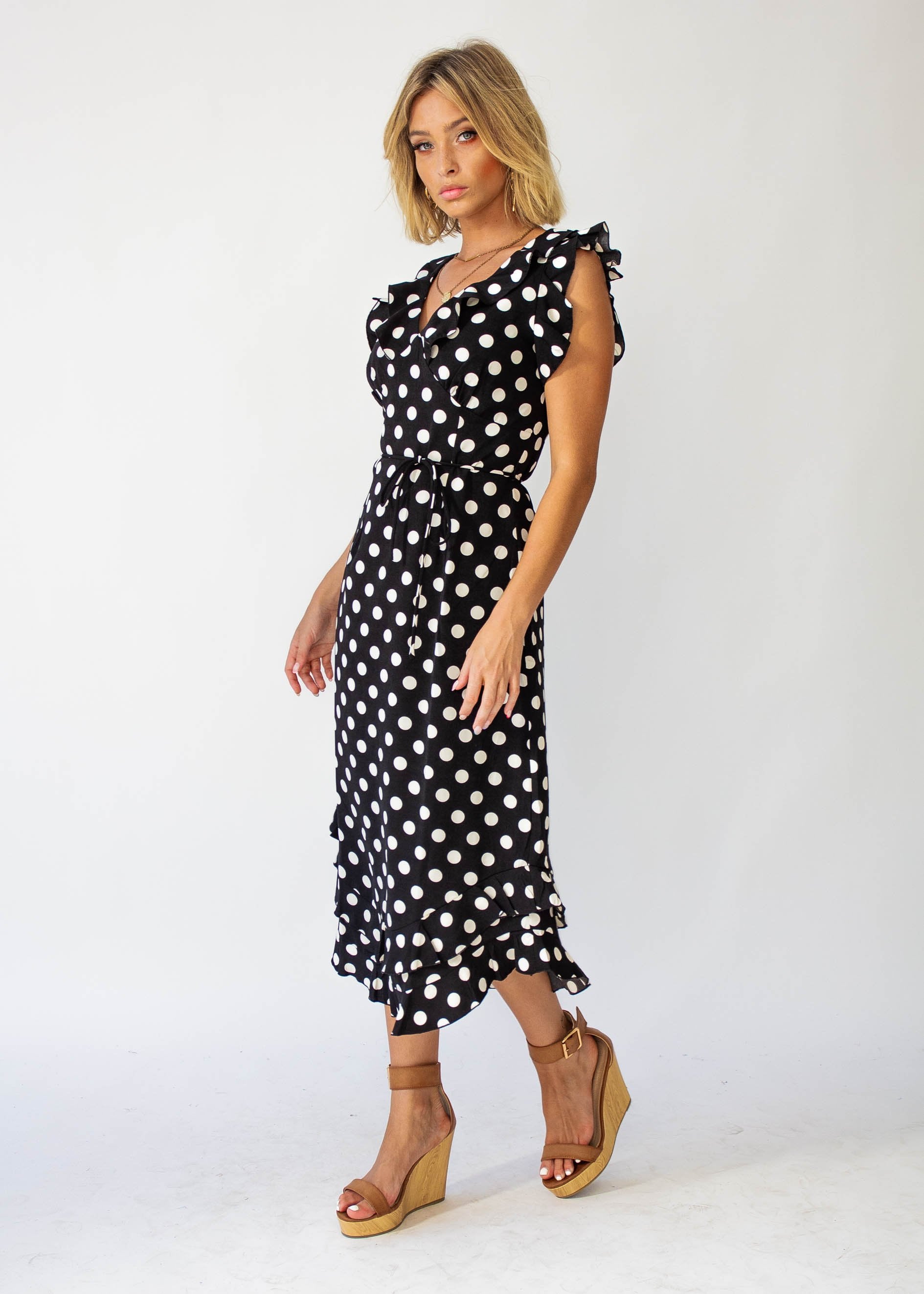 One Last Time Midi Dress - Black Polka