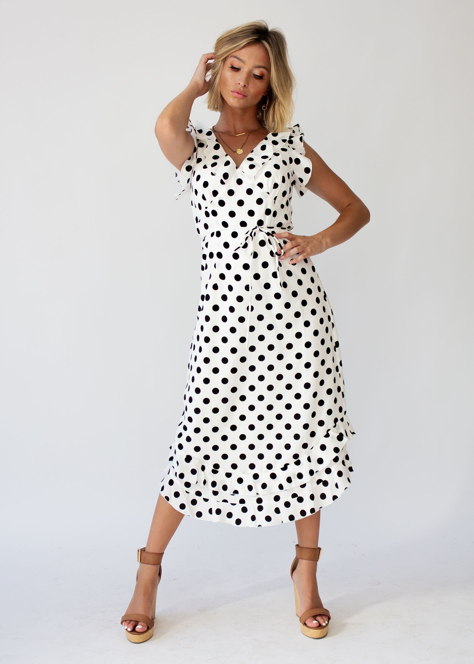 One Last Time Midi Dress - White Polka