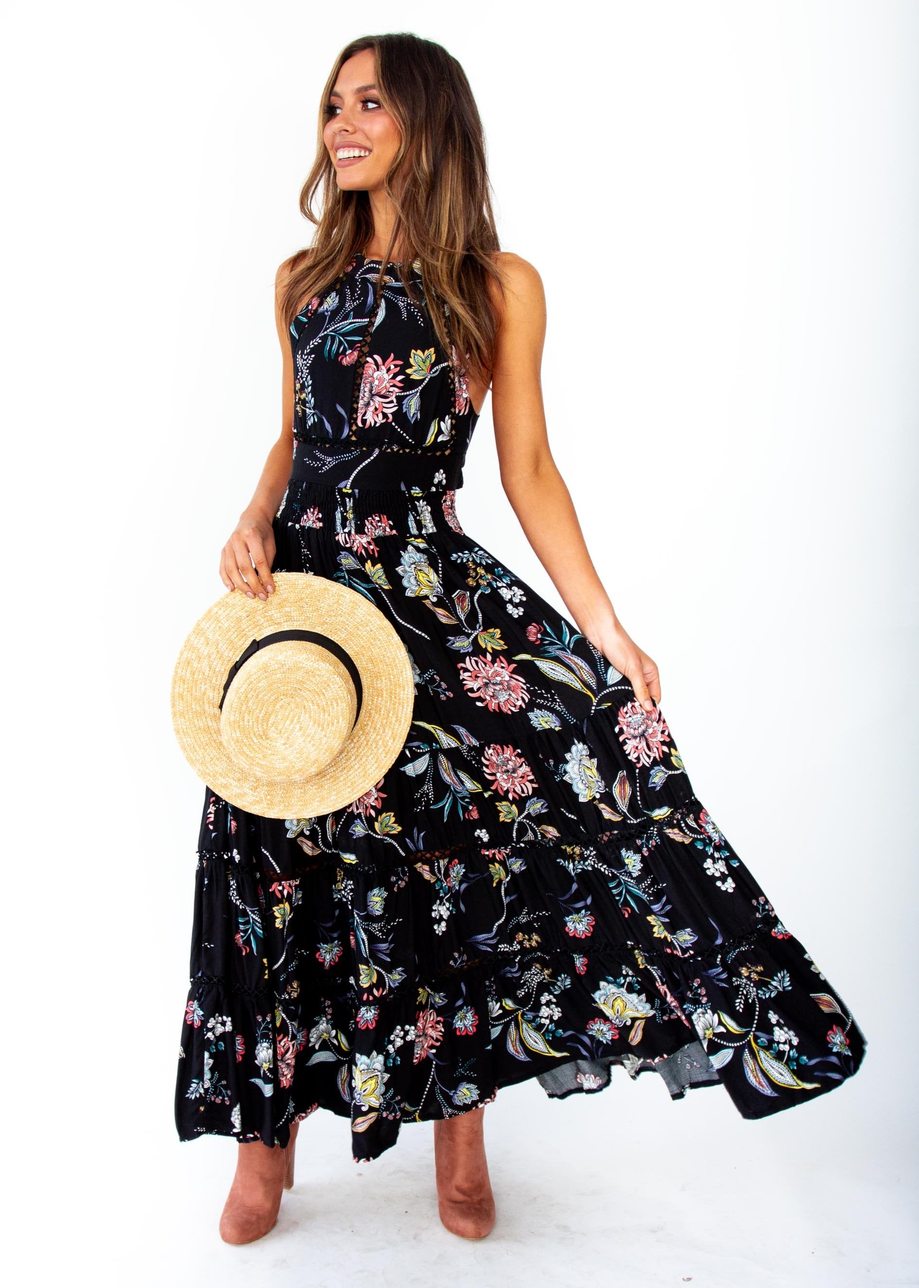 Women's Hurley Maxi Dress - Under The Stars - Black Floral Print - Jaase
