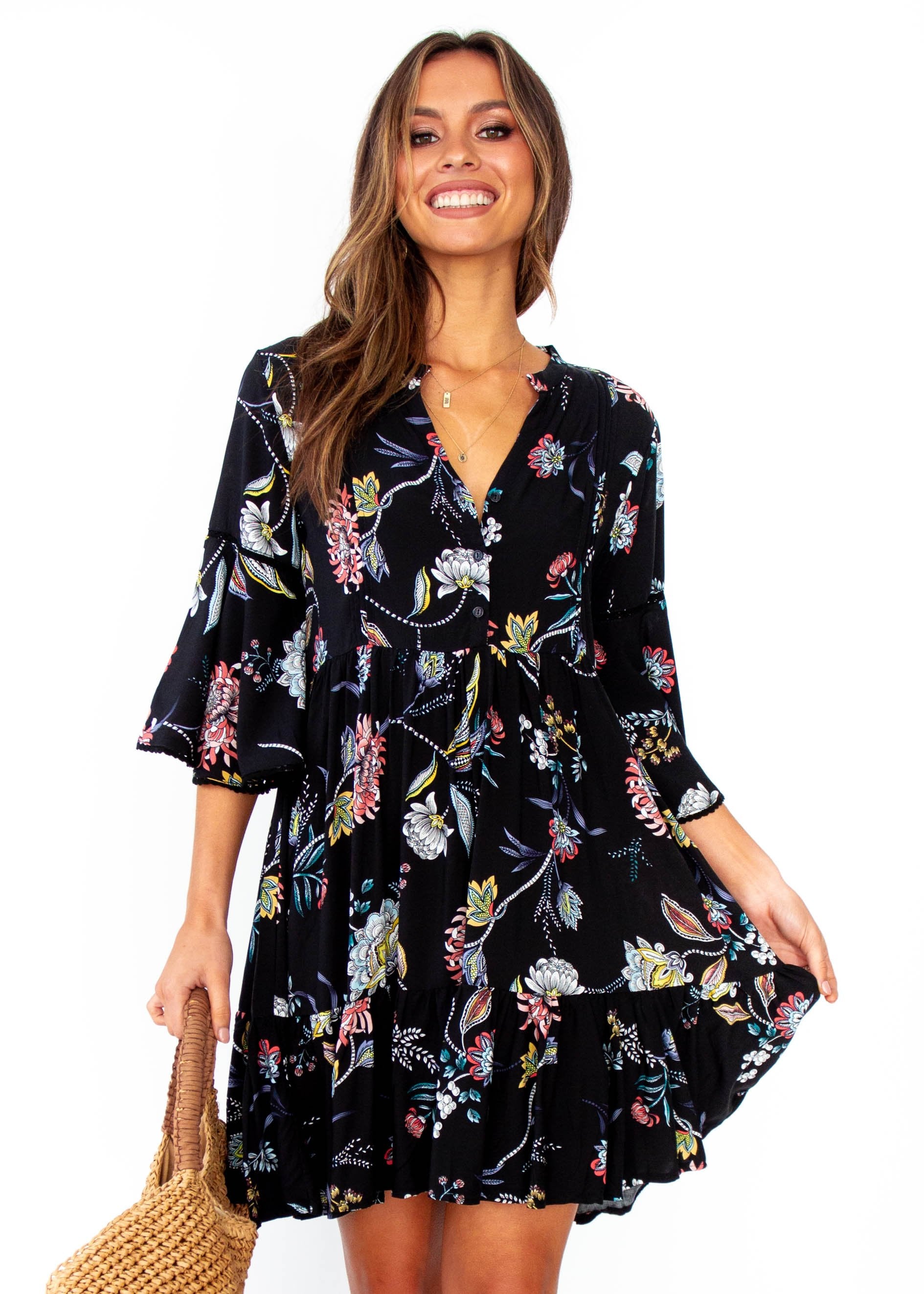 Women's Betty Swing Dress - Under The Stars - Black Floral Print - Jaase