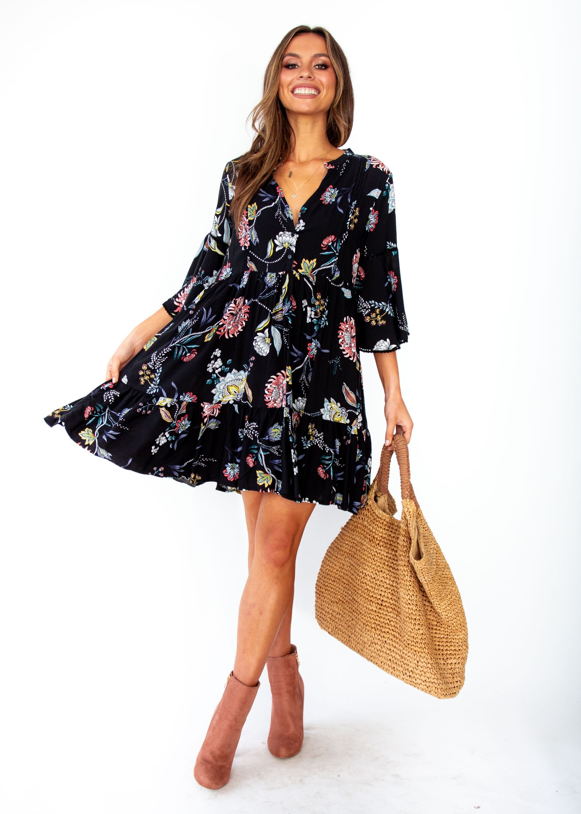 Betty Swing Dress - Under The Stars - Black Floral Print - Jaase