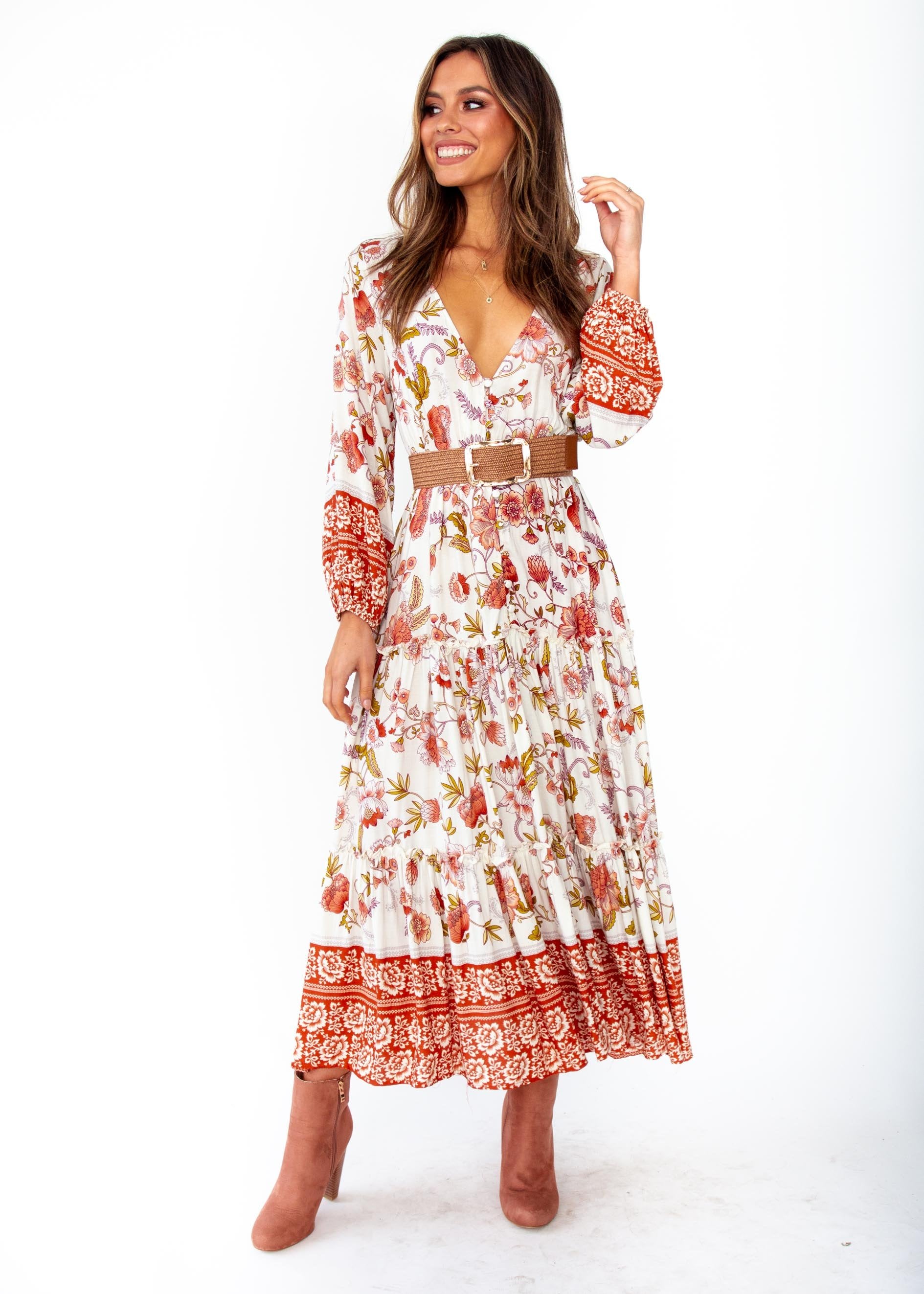 Esplanade Midi Dress - Autumn - White Orange Floral Print