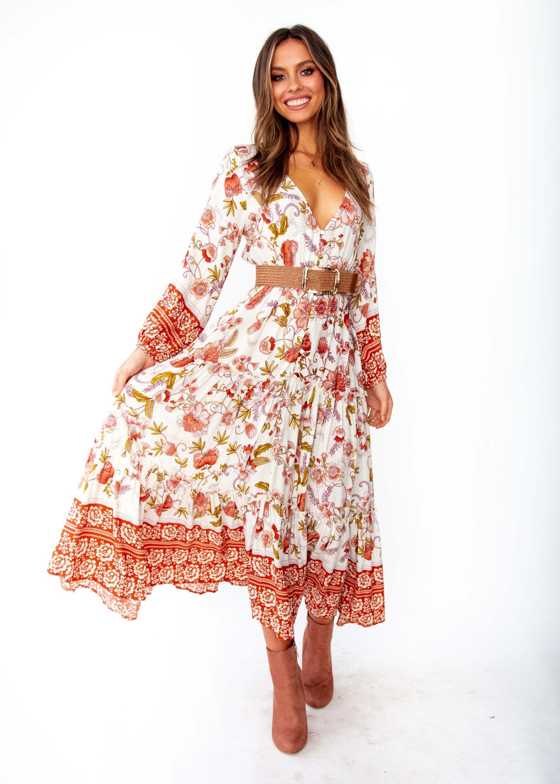 Women's Esplanade Midi Dress - Autumn - White Orange Floral Print
