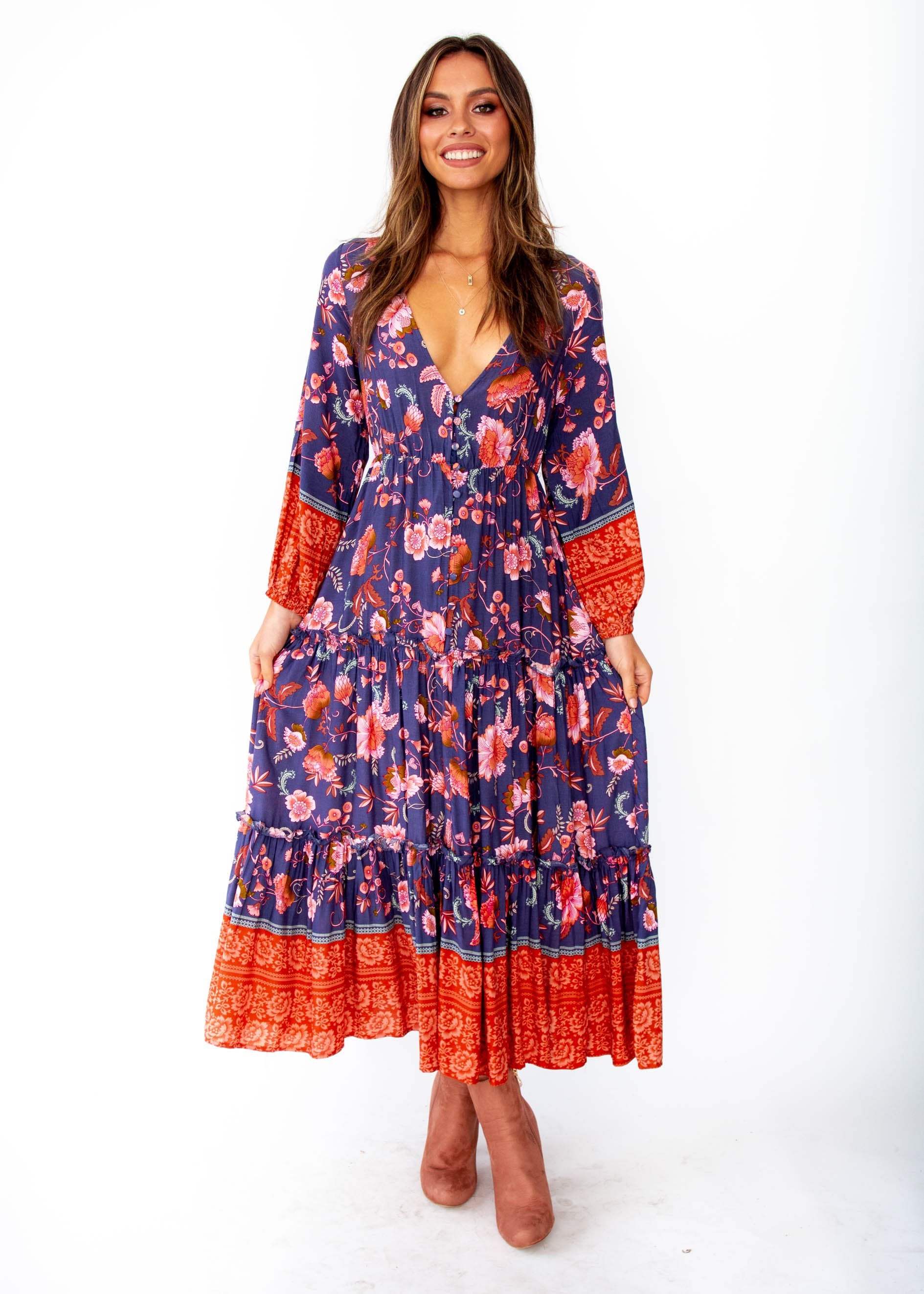 Esplanade Midi Dress - Dusk - Navy Blush Floral Print