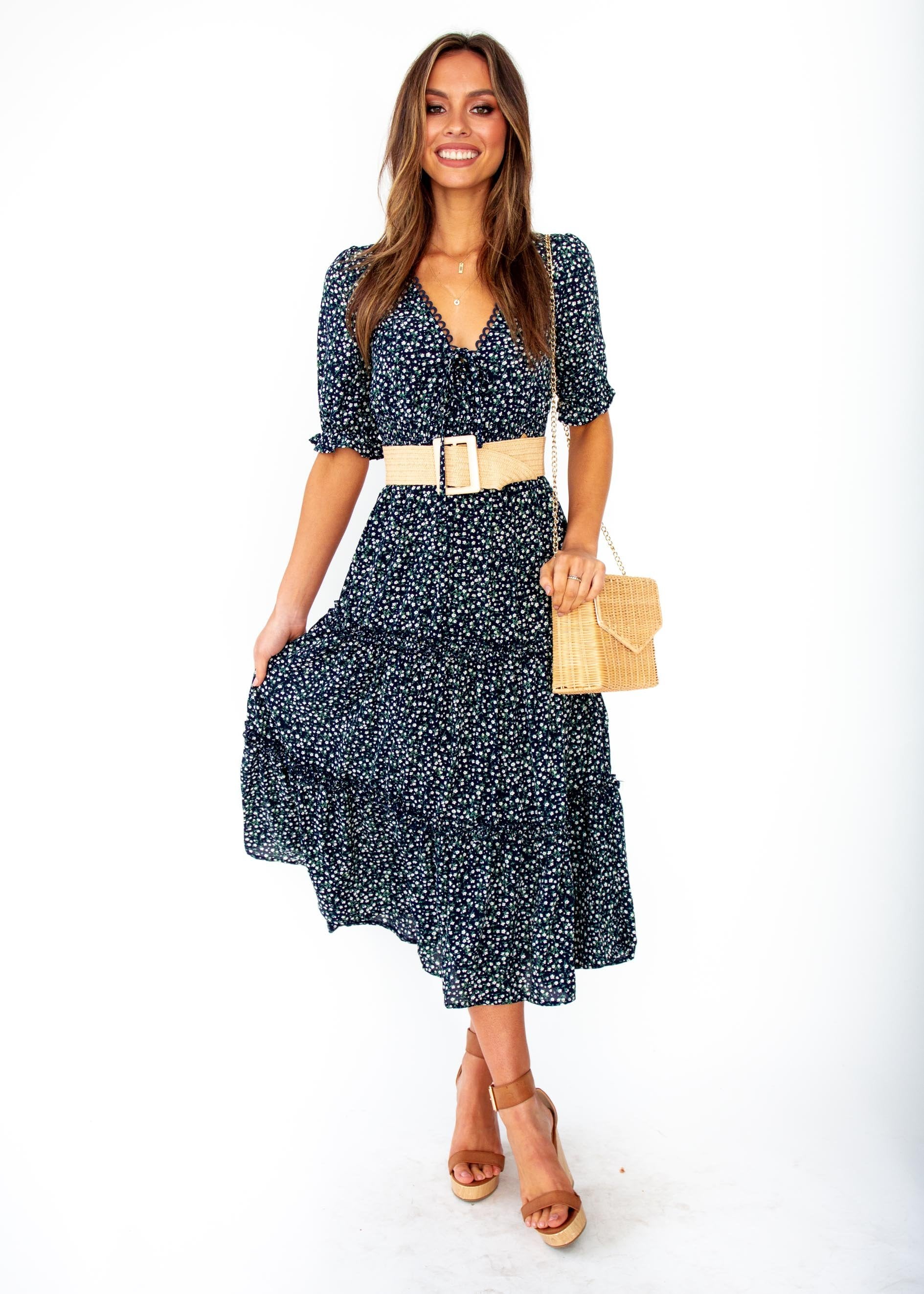 Women's Caught In The Flames Midi Dress - Navy Floral Print