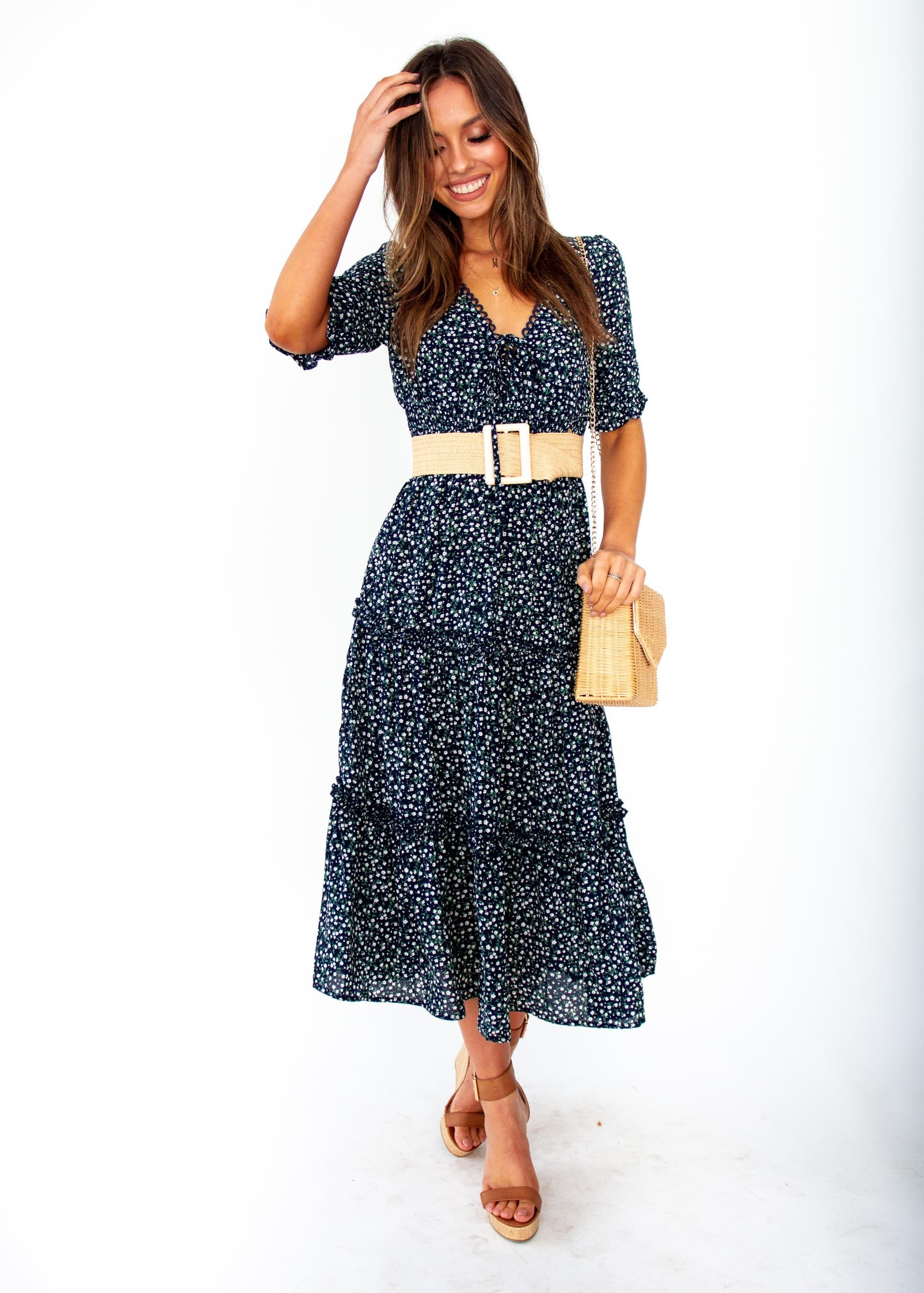 Caught In The Flames Midi Dress - Navy Floral